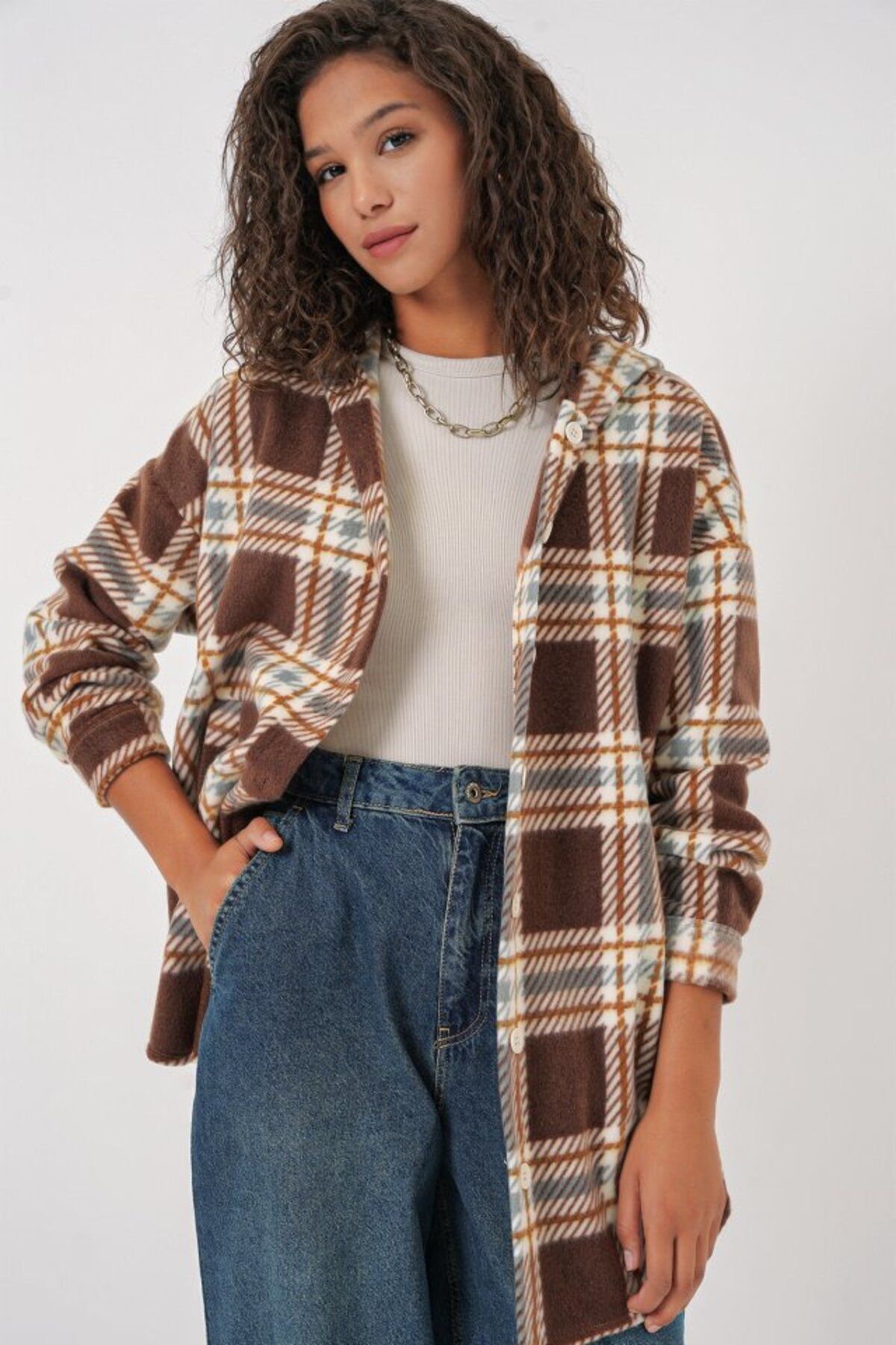 moda wanilia 0710 Kapüşonlu Oversize Gömlek - C. Kahverengi