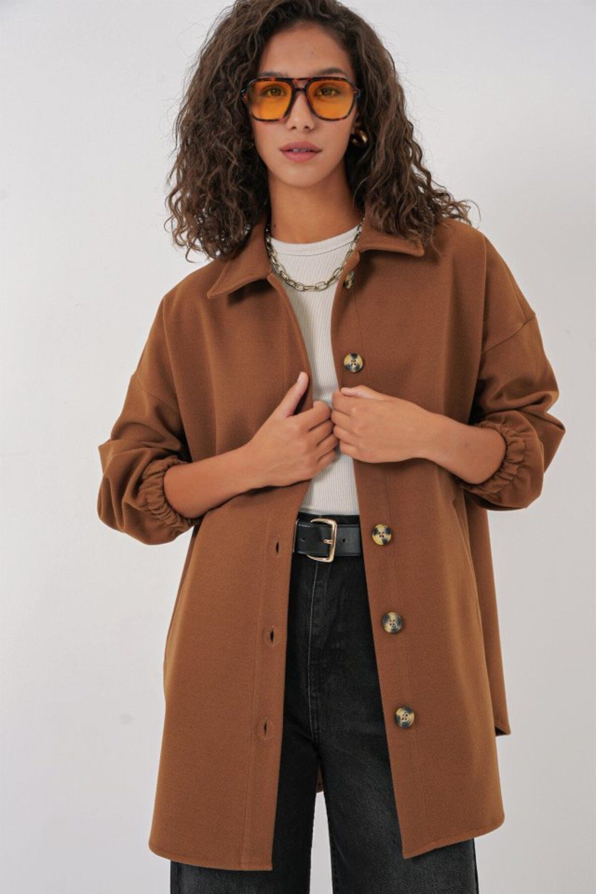 moda wanilia 0674 Cepli Oversize Gömlek - Taba