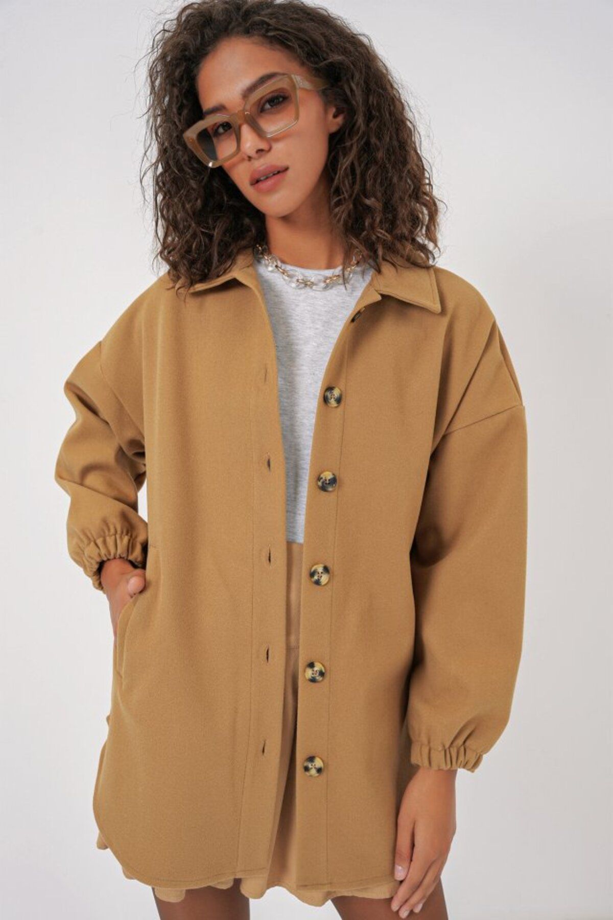 moda wanilia 0674 Cepli Oversize Gömlek - Hardal