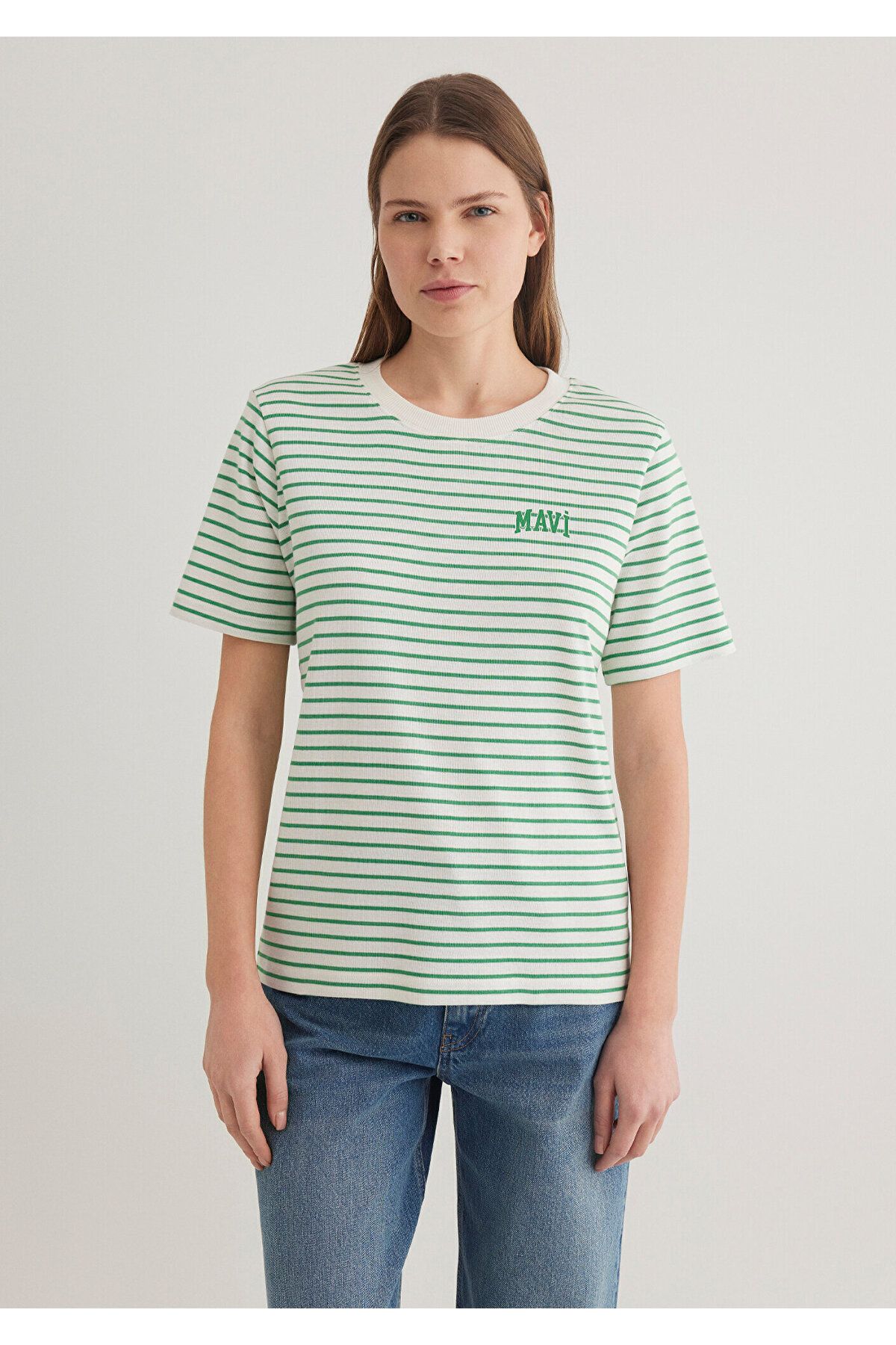 Mavi-Logo Printed Striped Green T-Shirt Regular Fit 1612224 -85520 5