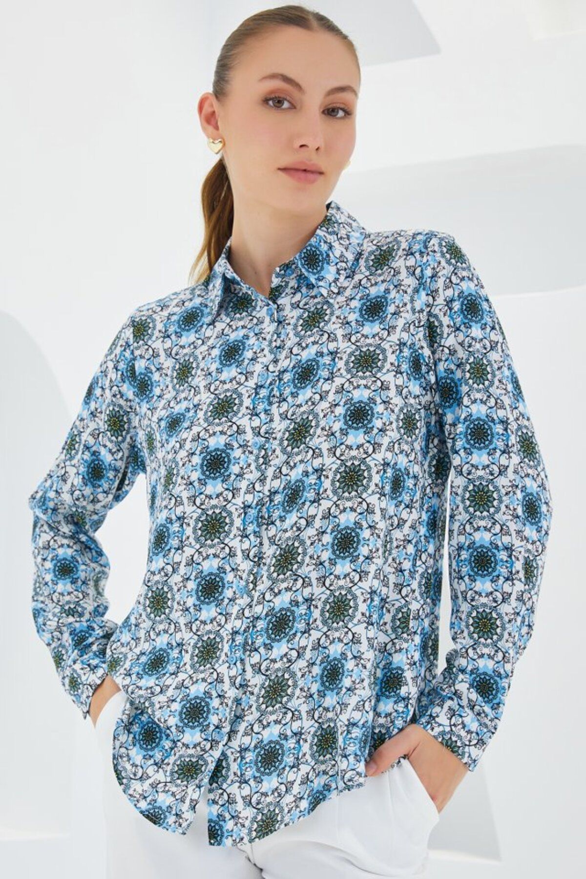 moda wanilia 3721 Grafik Desenli Gömlek - Turkuaz