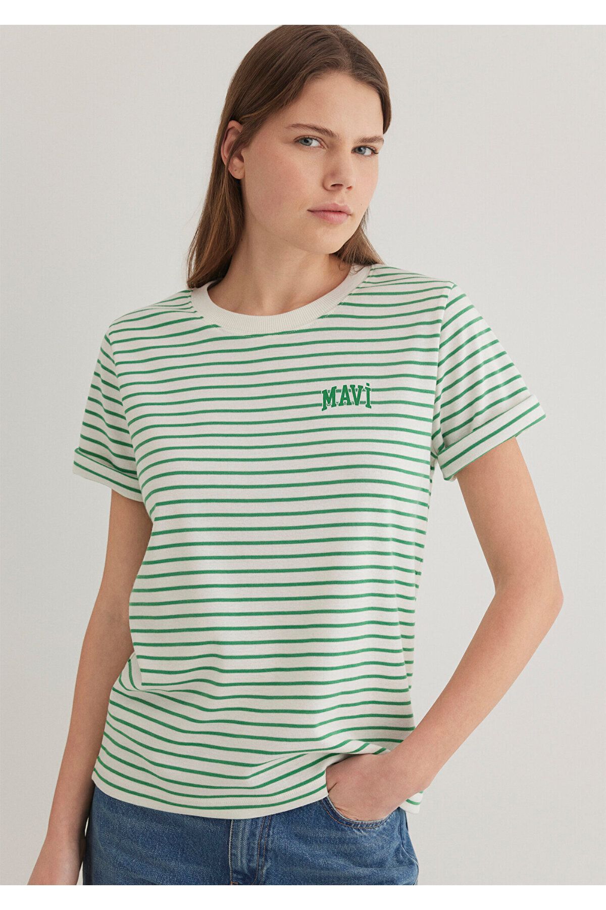 Mavi-Logo Printed Striped Green T-Shirt Regular Fit 1612224 -85520 3