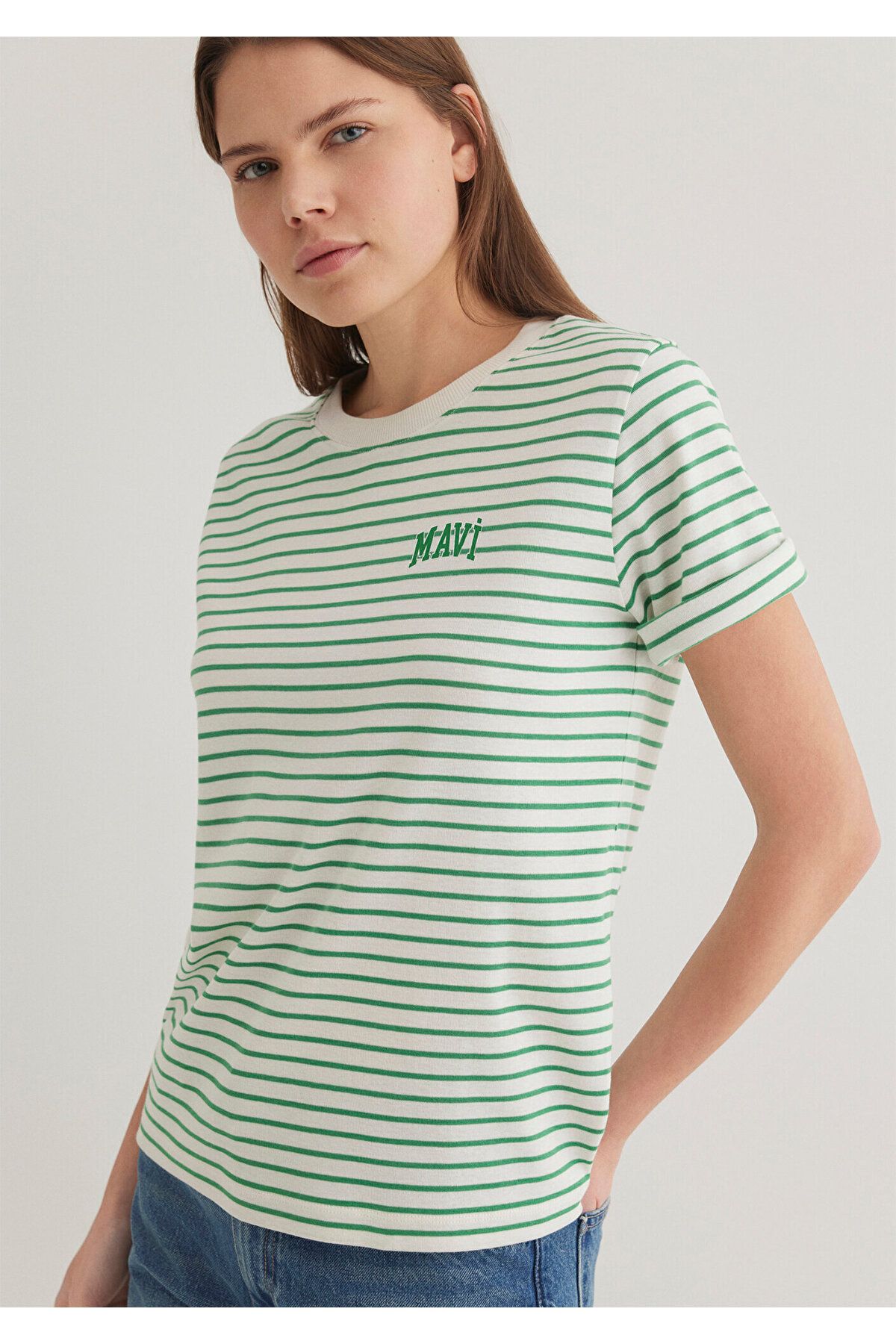 Mavi-Logo Printed Striped Green T-Shirt Regular Fit 1612224 -85520 1