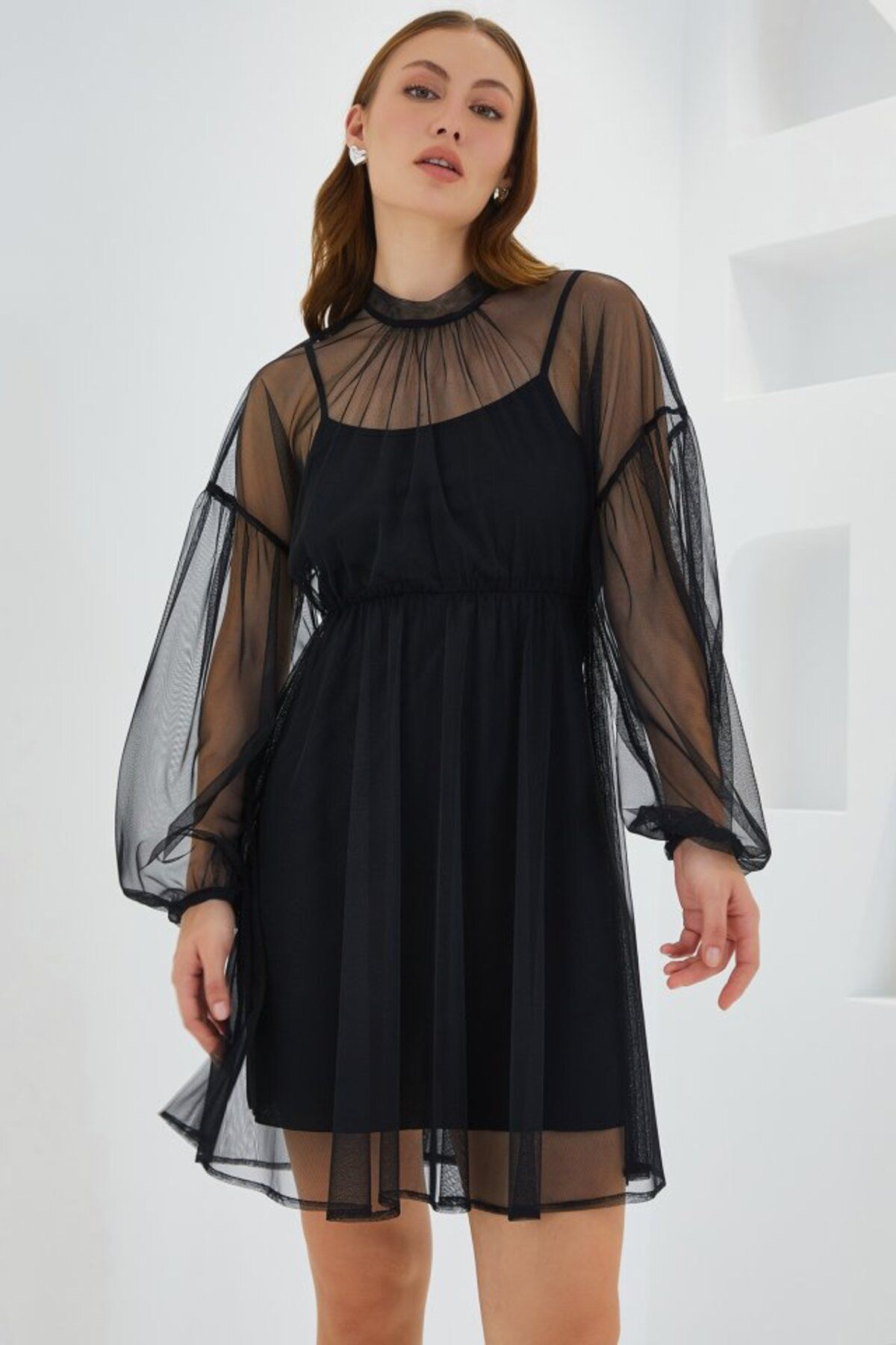 moda wanilia Siyah Tül Detaylı Mini Elbise 2485