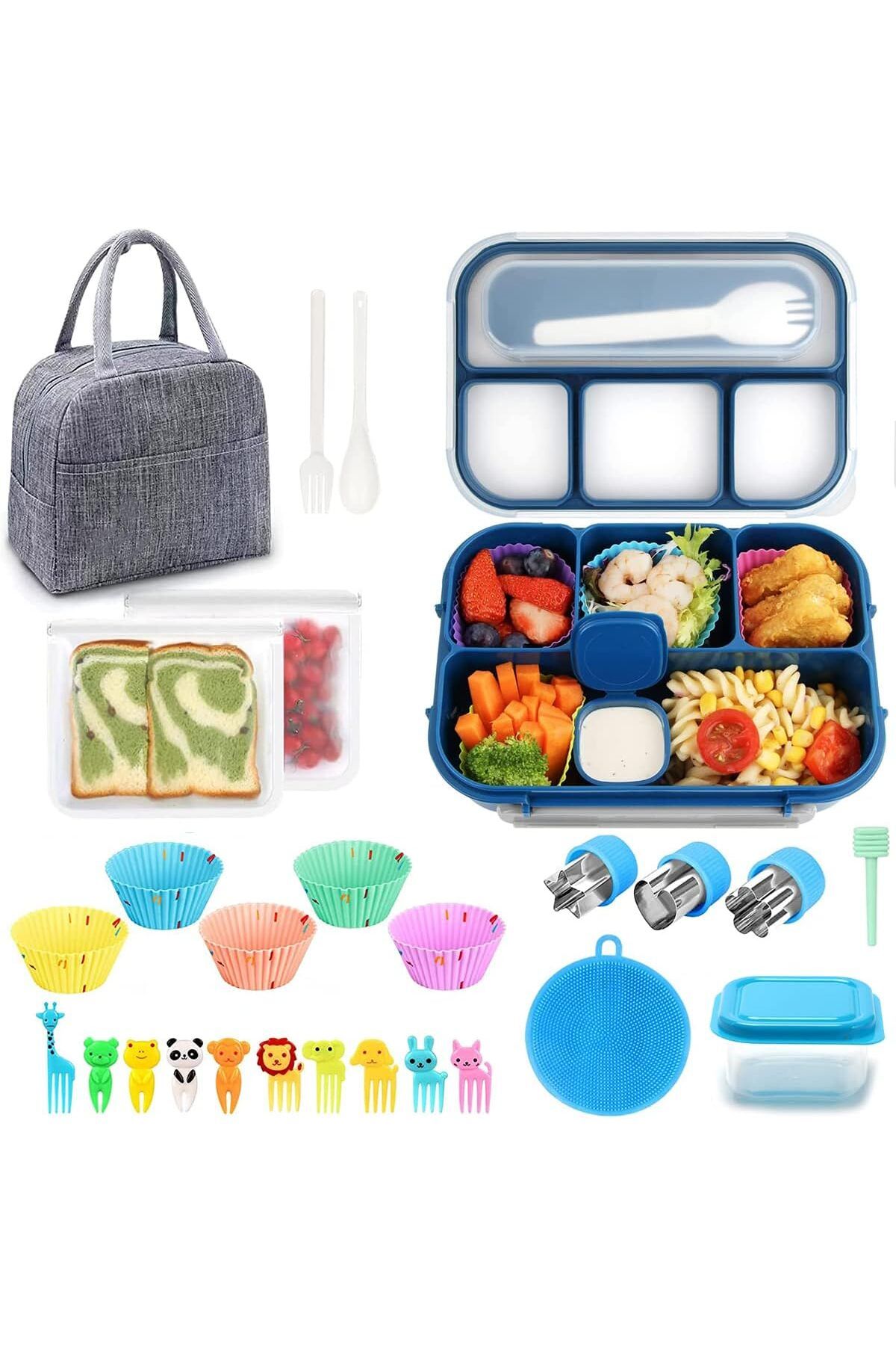 fulina-Lunch Box , 27pcs Leak-Proof with Spoon and Fork, 1300ml 4 Compartments,for Adults, Kids 1