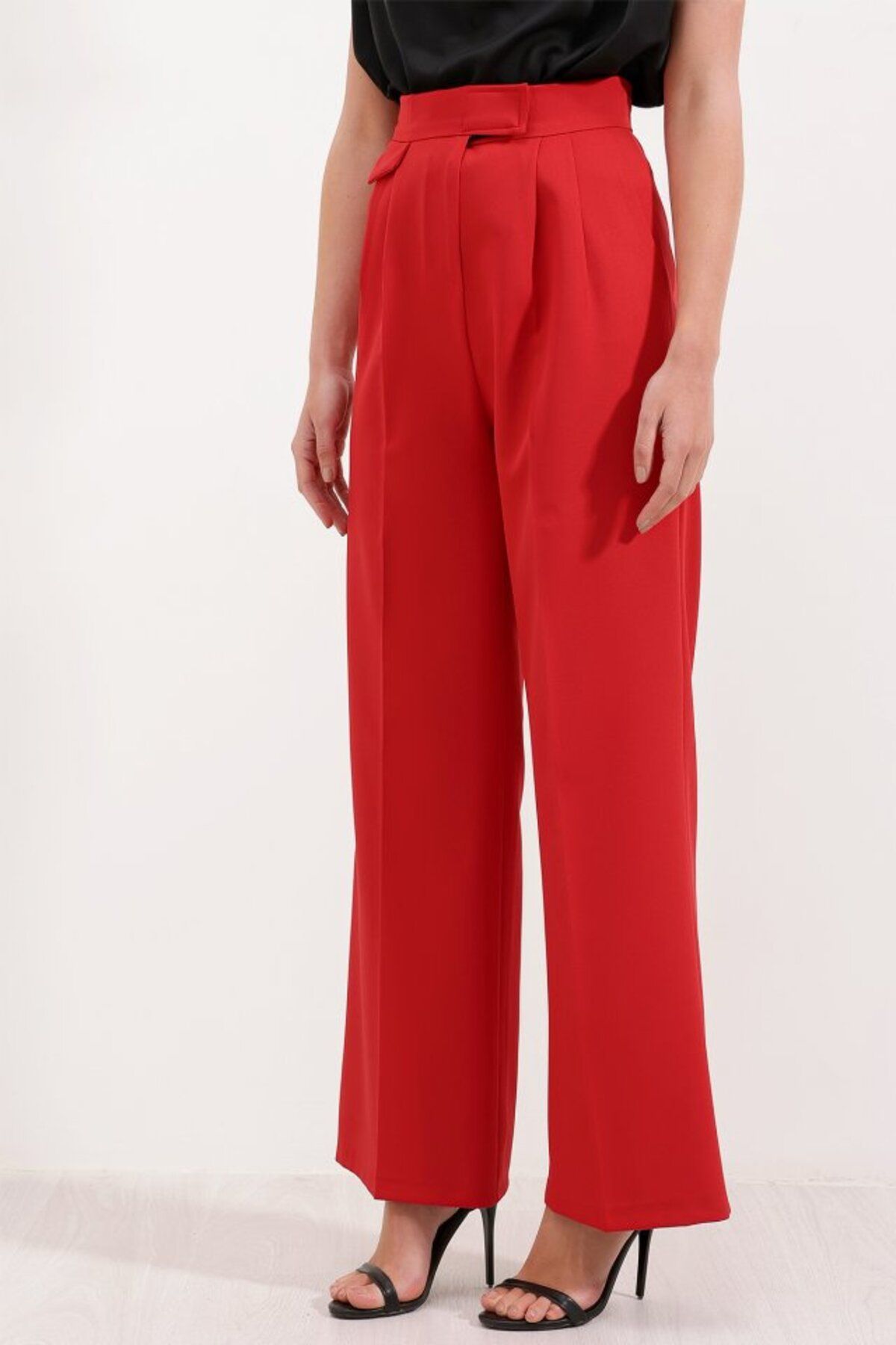 Simayshopping-6645 High Waist Velcro Palazzo Pants - Red 2