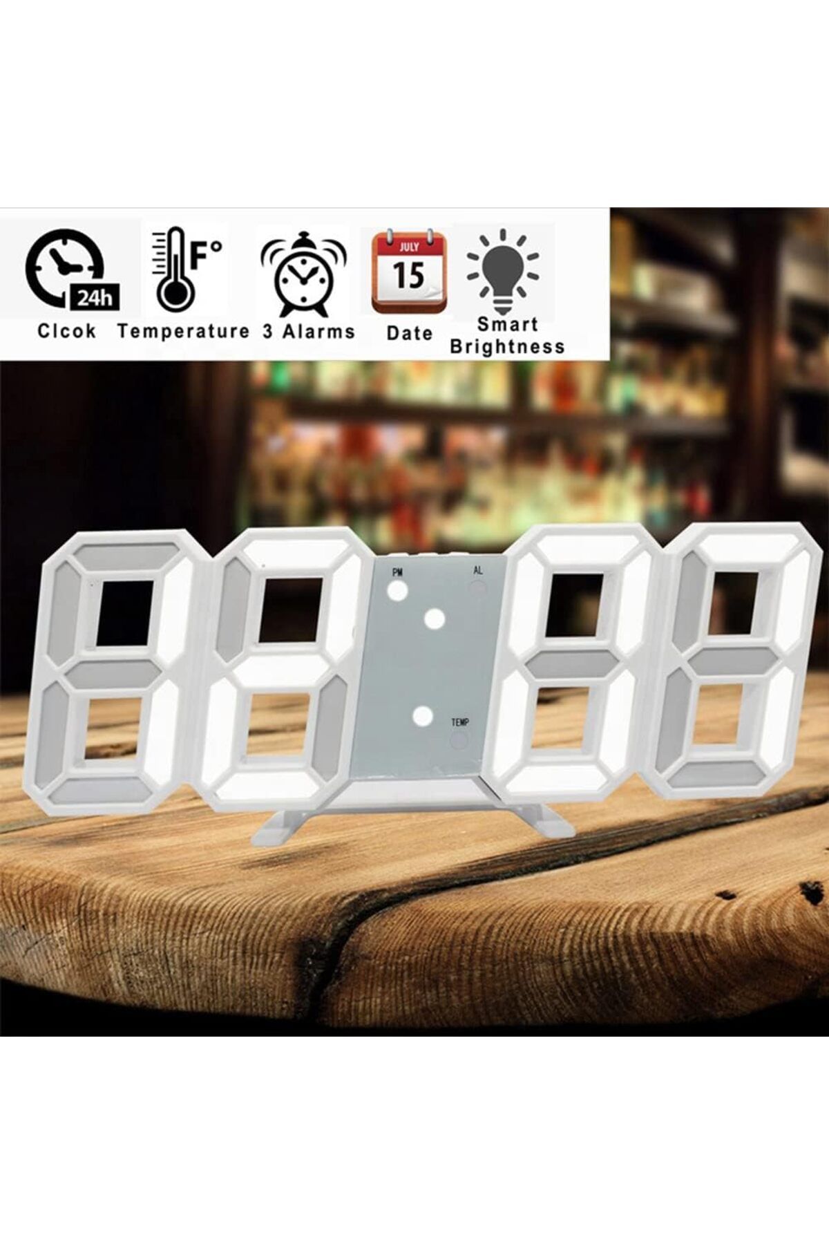 COOYA-3D Digital Alarm Clock, LED with Brightness Adjustable, USB Charging and 12/24 Hour Display 6