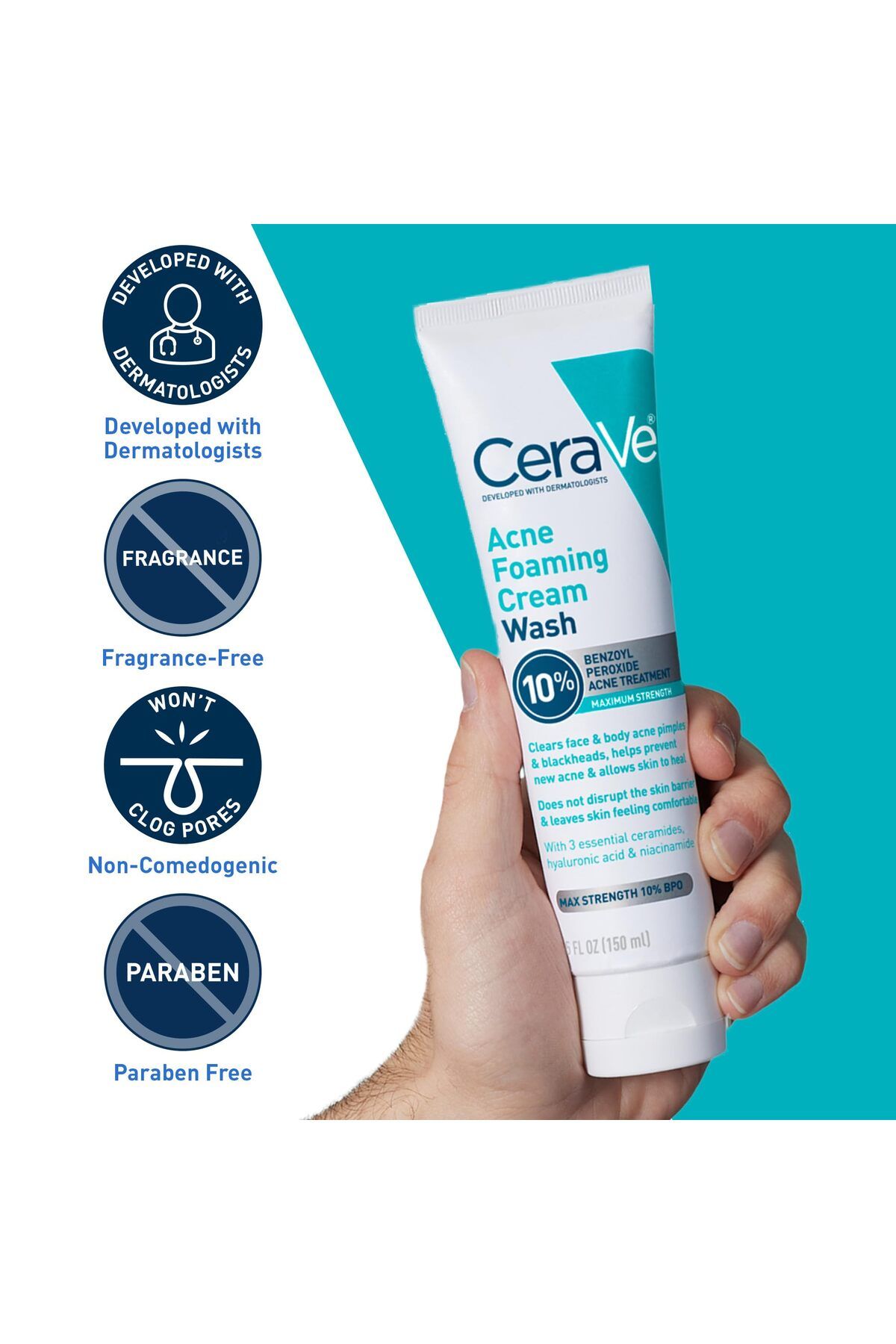 CeraVe-Acne Foaming Cream Wash with 10% Benzoyl Peroxide, Hyaluronic Acid, Niacinamide, 5 Oz 4