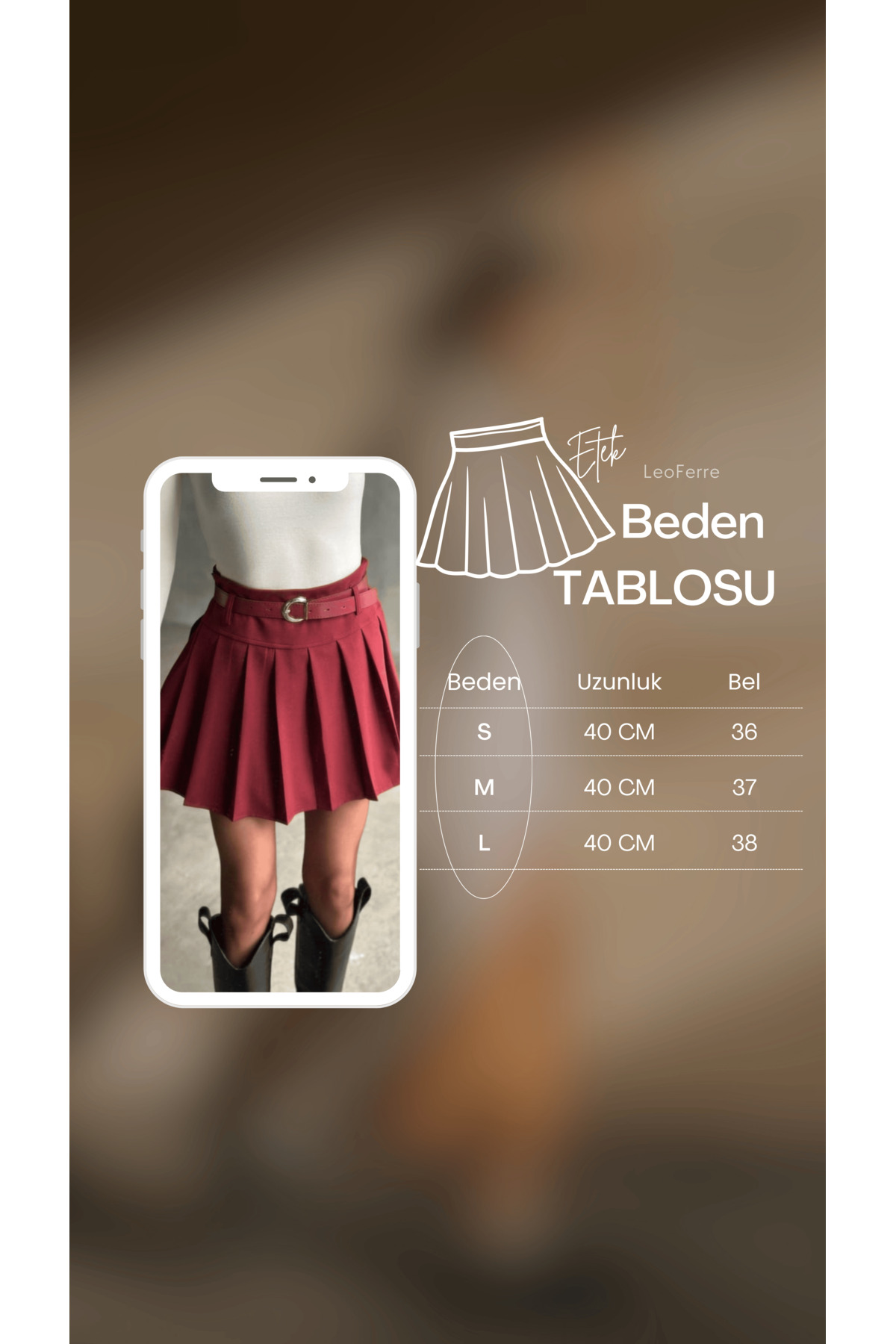 Leo Ferre  Füme Full Pileli Kemerli Astar Şortlu Kadın Mini Etek - Görsel 8