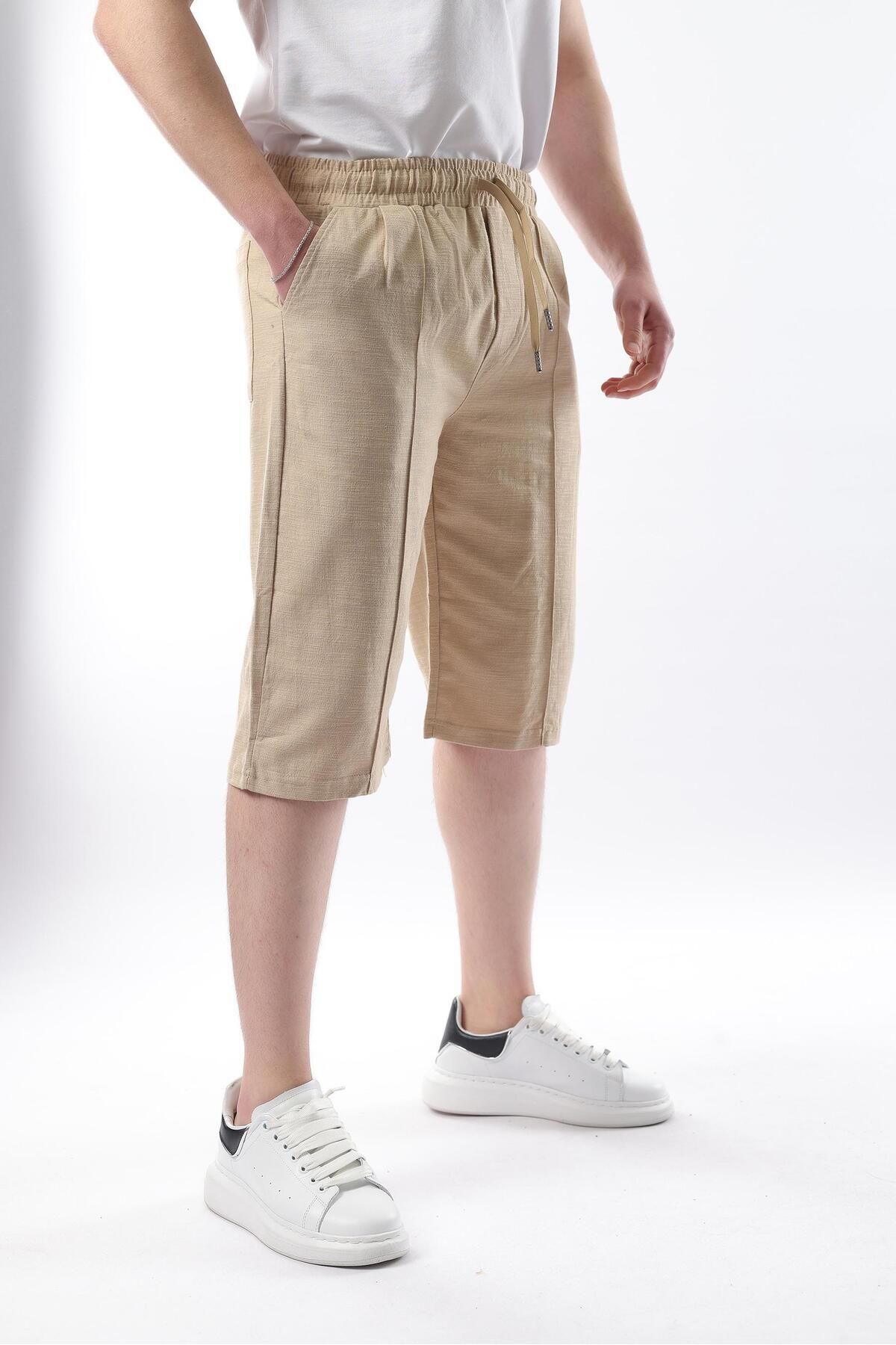 Madmext-Beige Men's Linen Capri Shorts 6538 1