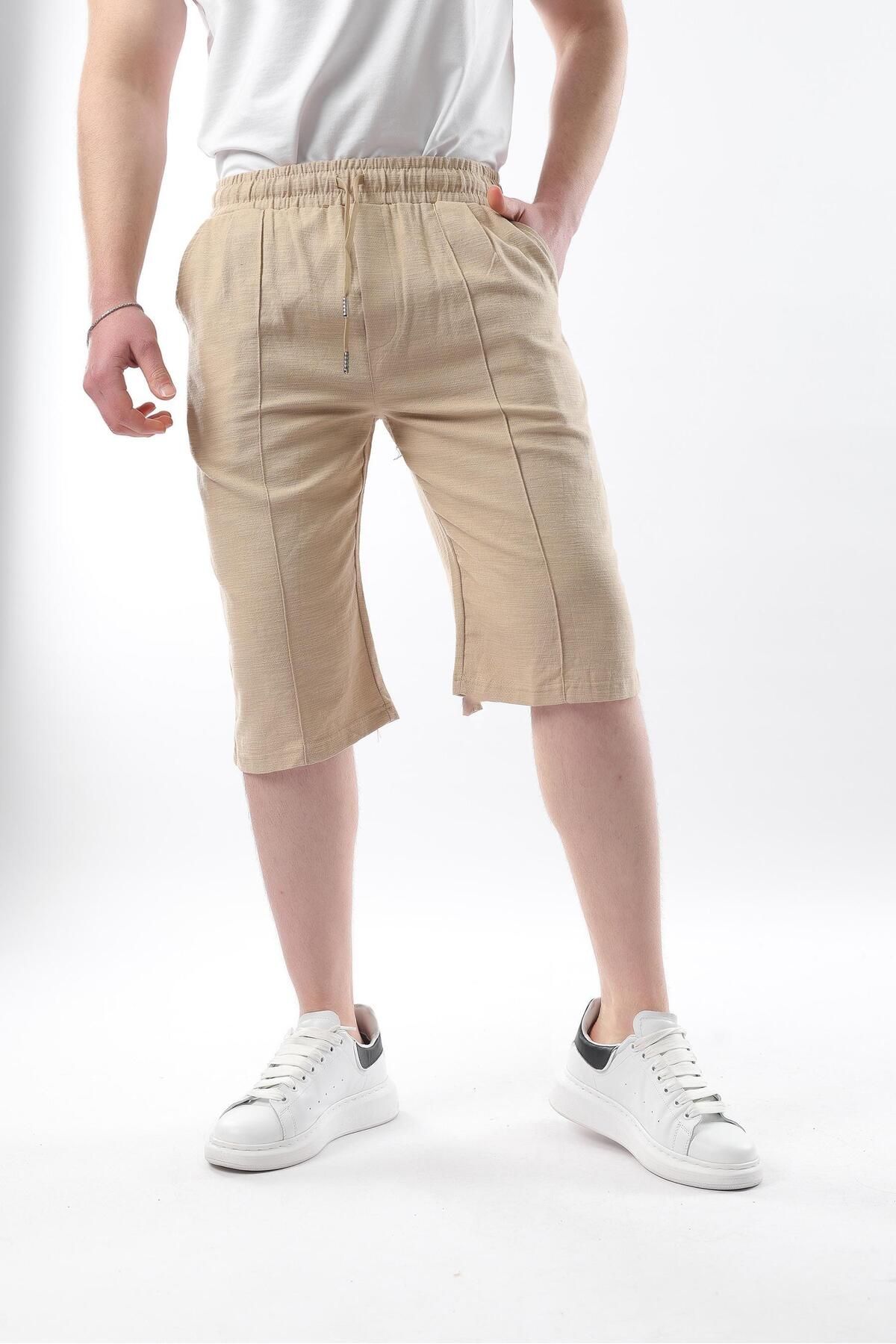 Madmext-Beige Men's Linen Capri Shorts 6538 3