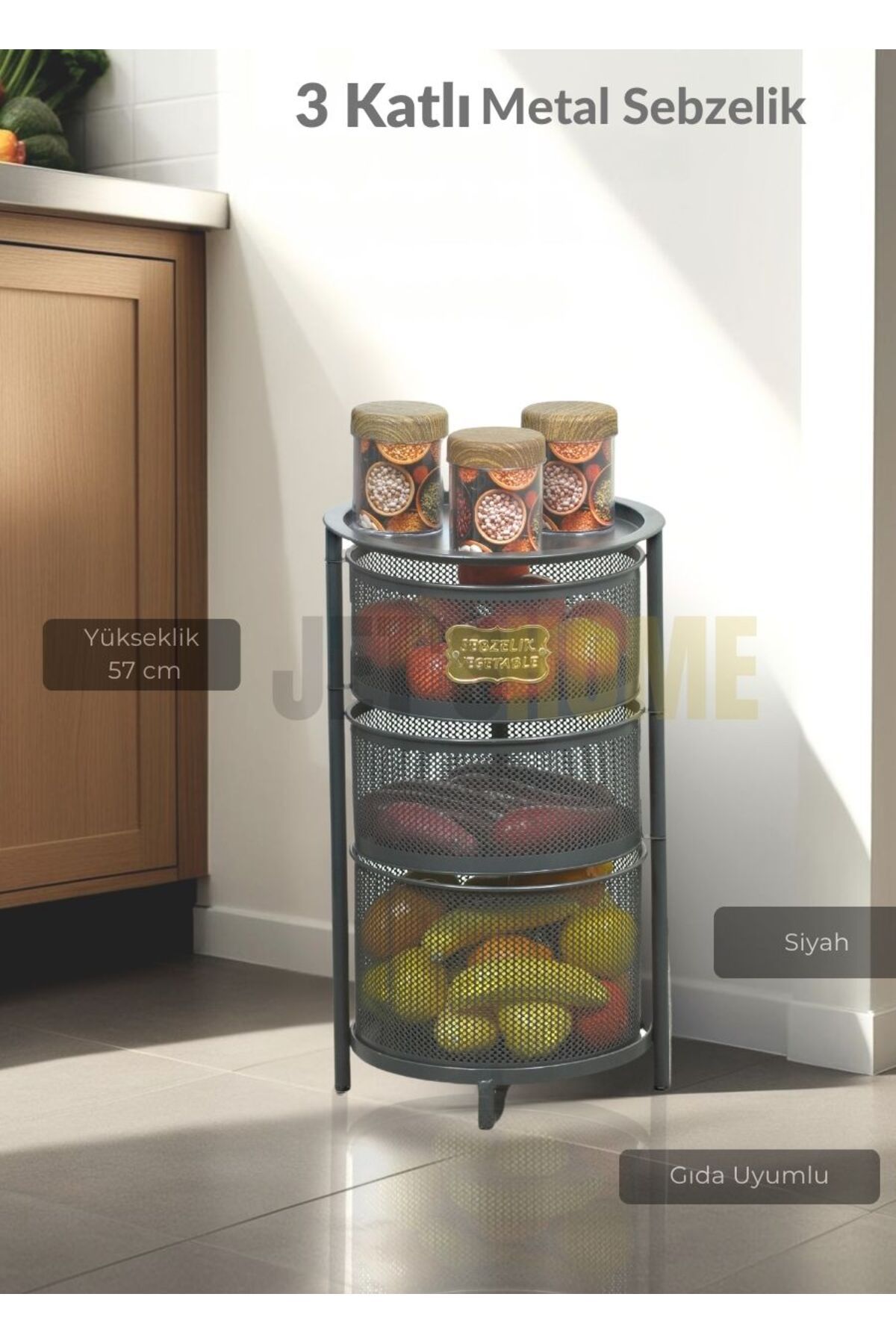 Jet's Home 3 Katlı Sebzelik Açılır Metal Patates Soğan Sepeti Paslanmaz Meyvelik Organizer Sepet Siyah