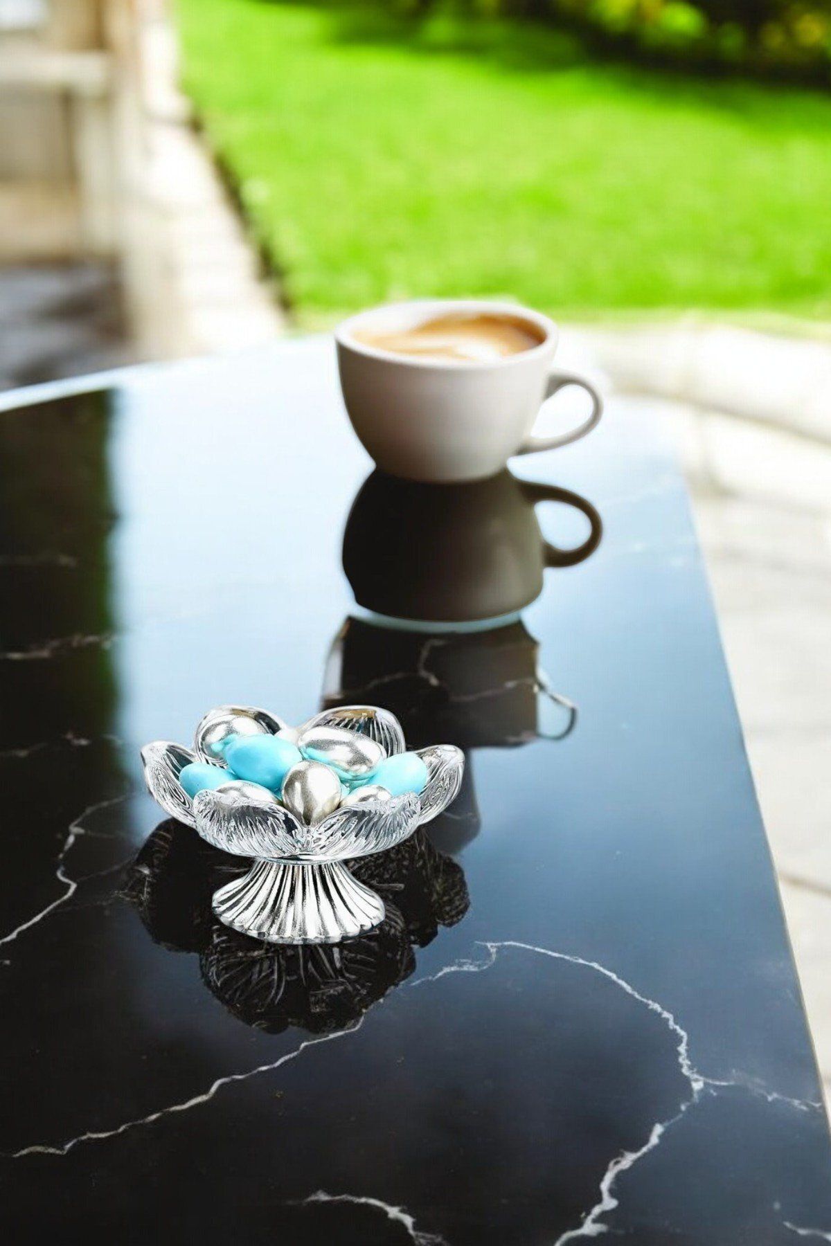 FAIR HOME-Silver Color Metal Leg Lotus Flower Coffee Side Glass Turkish Delight Bowl Dragee Set – 6 Pieces 3