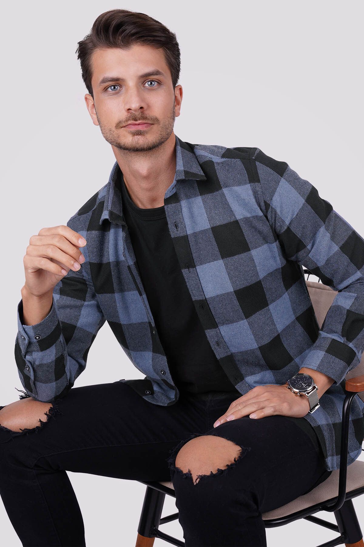 Etikmen-Blue Black Checker Pattern Lumberjack Gift Boxed Men's Shirt 5