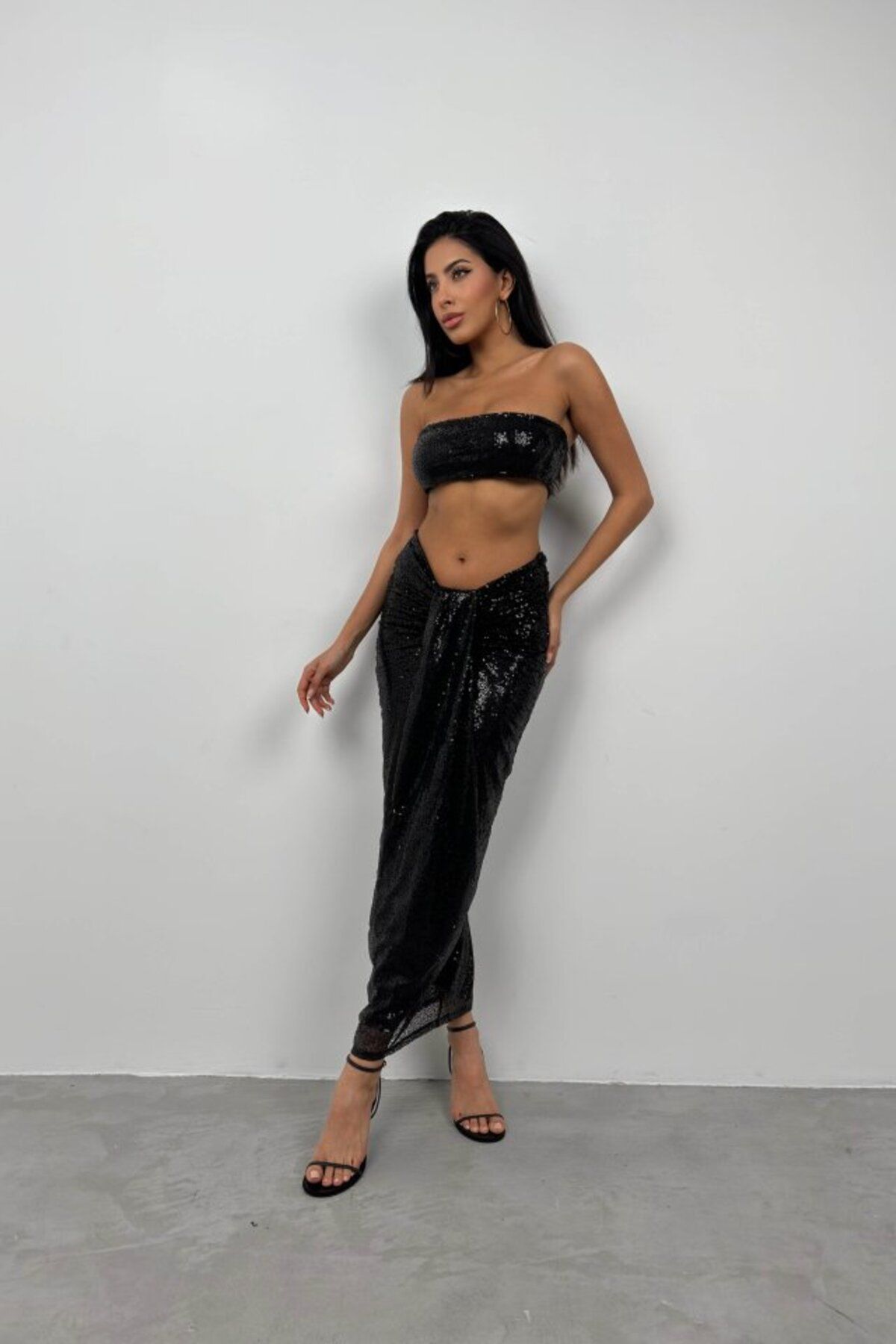 jupiter global bazaar Payetli Straplez Crop Etek Takım