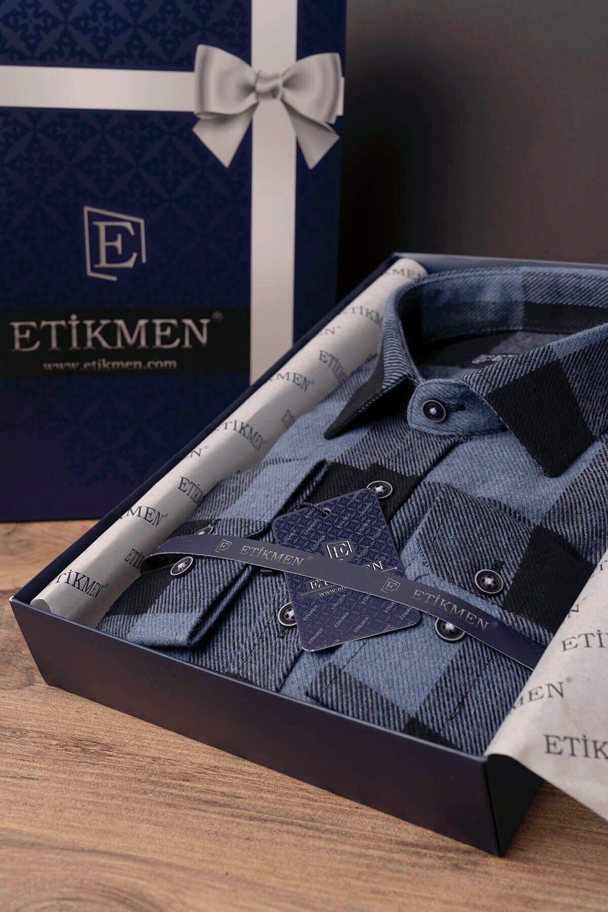 Etikmen-Blue Black Checker Pattern Lumberjack Gift Boxed Men's Shirt 3