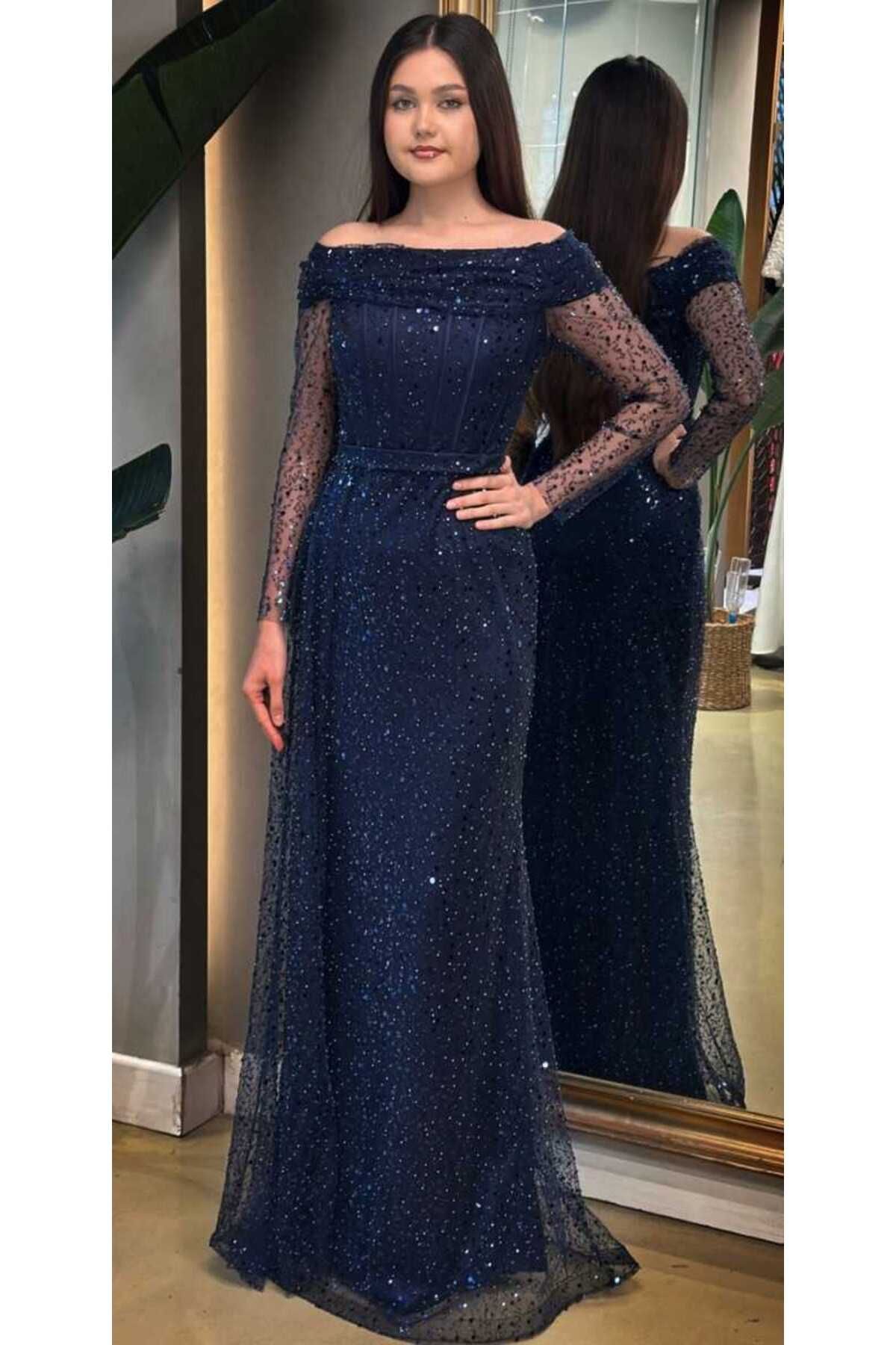 Abiyeniall-Navy Blue Long Sleeve Straight Cut Sequin Beaded Long Evening Dress 7675 1