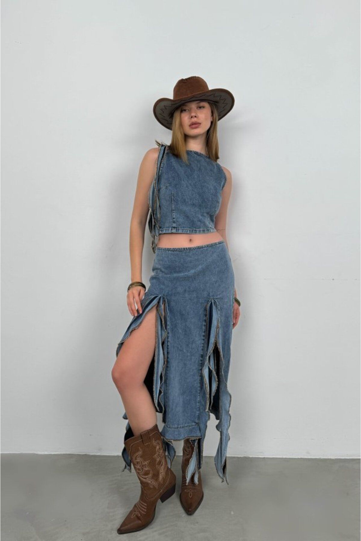 Gökyüzü Moda Fırfır Detay Denim Bluz