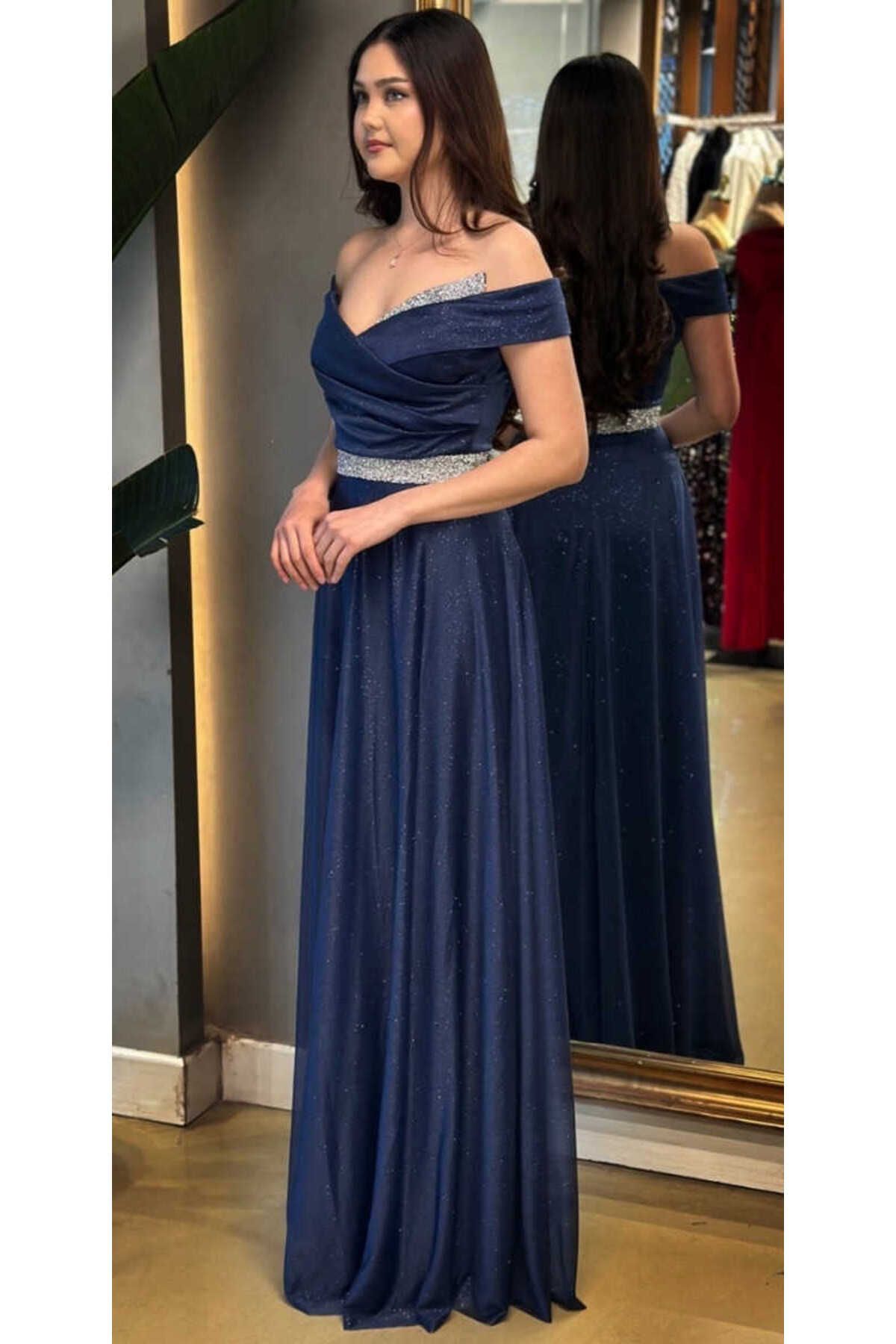 Abiyeniall-Navy Blue Stone Detailed Flared Skirt Glittered Long Evening Dress 7661 3