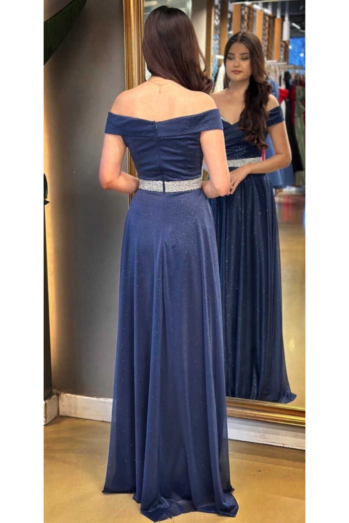 Abiyeniall-Navy Blue Stone Detailed Flared Skirt Glittered Long Evening Dress 7661 5