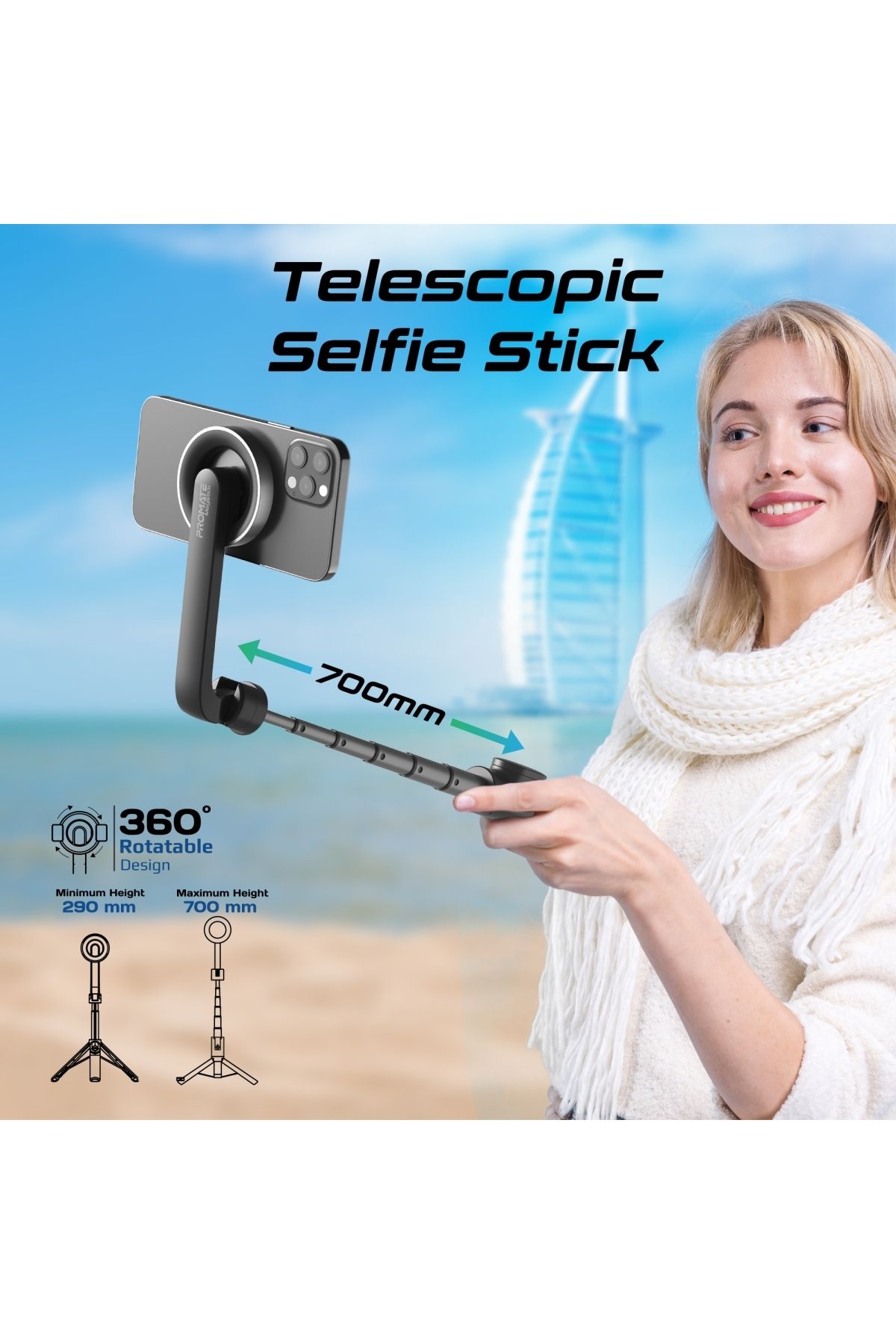 Promate-Bluetooth Telescopic Selfie Stick Extendable, Built-In Tripod And Wireless Remote Controller 2