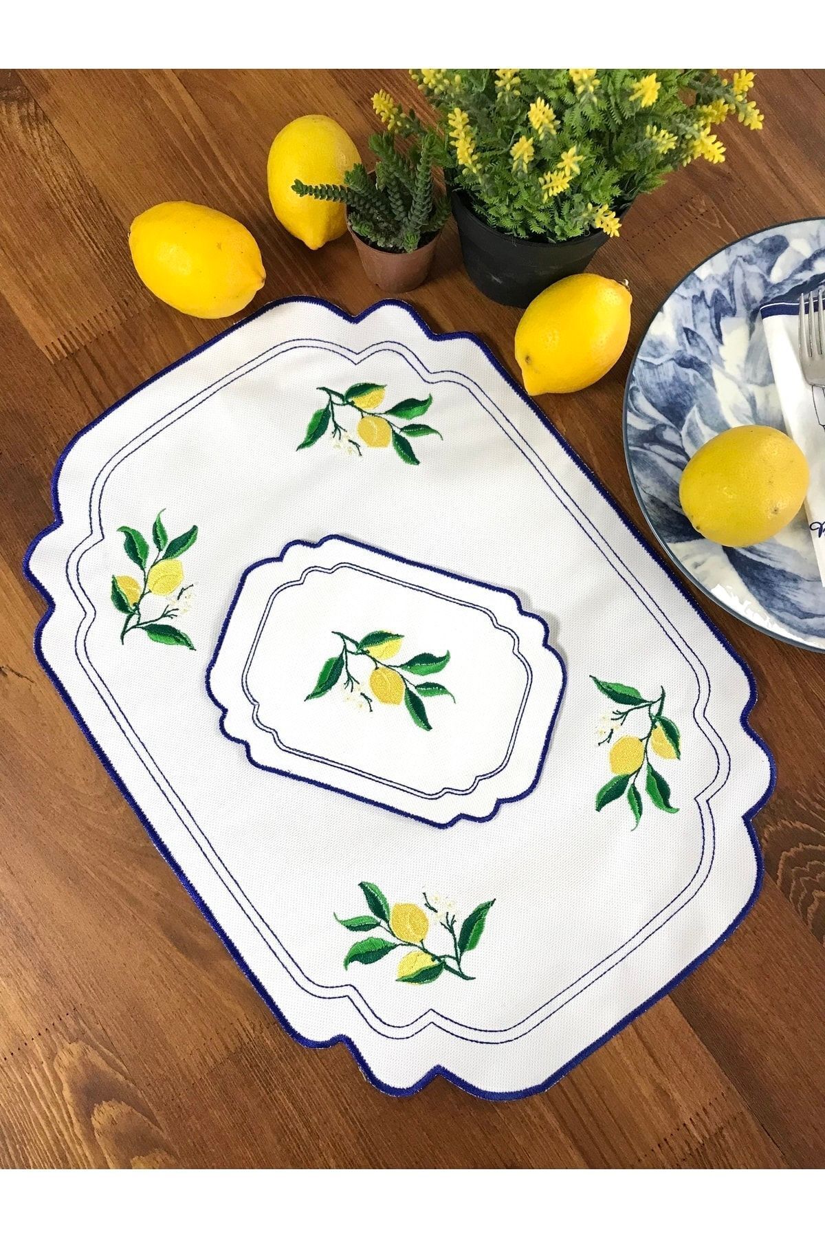 Soft Colours-12-Piece Lemon Patterned Embroidered Serving and Cocktail Napkin Set for 6 People 1