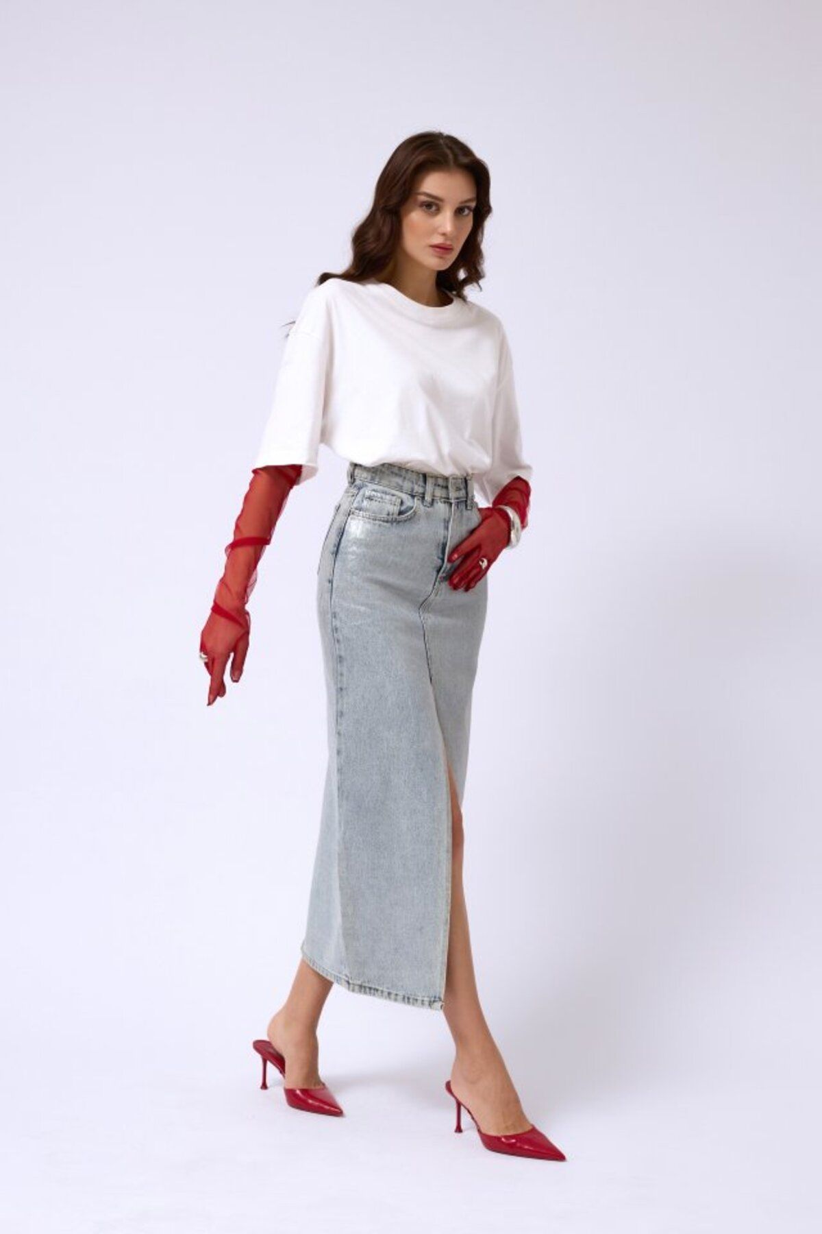 Gökyüzü Moda Varak Baskılı Yırtmaçlı Maxi Denim Etek