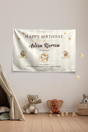Vagonik Kişiye Özel Doğum Günü Aslan Temalı Happy Birthday Duvar Örtüsü Duvar...
