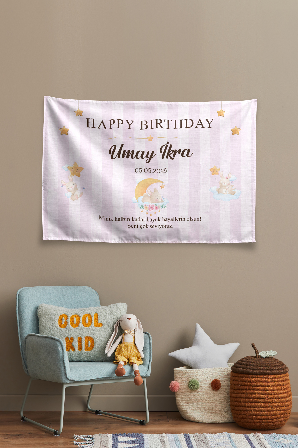 Vagonik Kişiye Özel Doğum Günü Tavşan Temalı Happy Birthday Duvar Örtüsü Duvar Halısı Birinci Kalite Kumaş