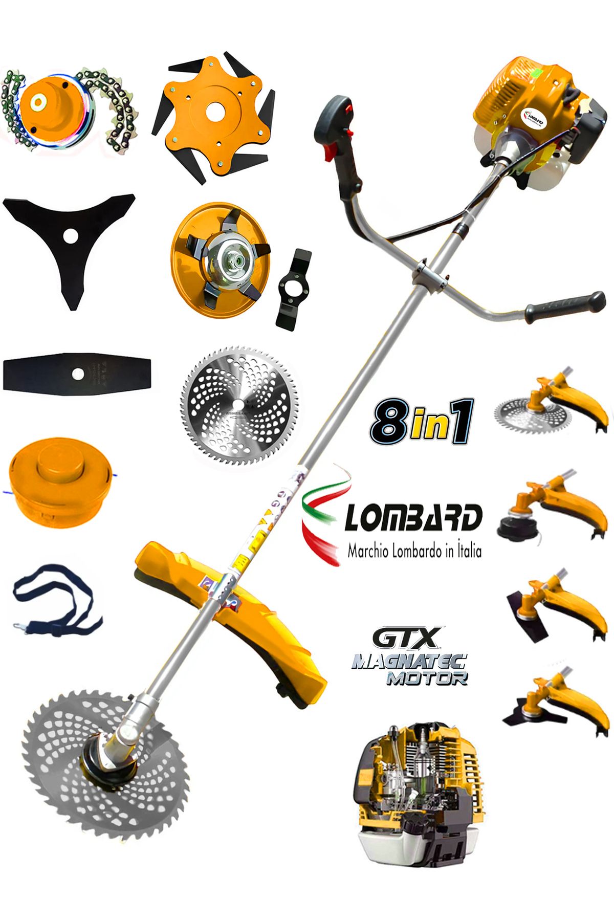 Cros LOMBARD İtalia F15 Motor New 8 İn 1 FULL Set Yan Tipi Benzinli Motorlu Ot Çalı Tırpanı Çim Makinesi