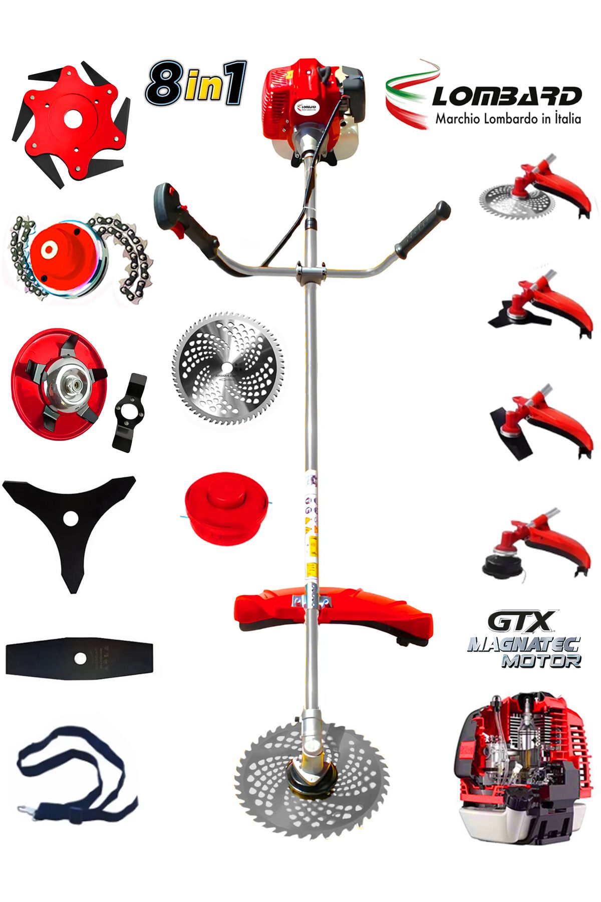 Cros LOMBARD İtalia V12 Motor New 8 İn 1 FULL Set Yan Tipi Benzinli Motorlu Ot Çalı Tırpanı Çim Makinesi 3.2 HP
