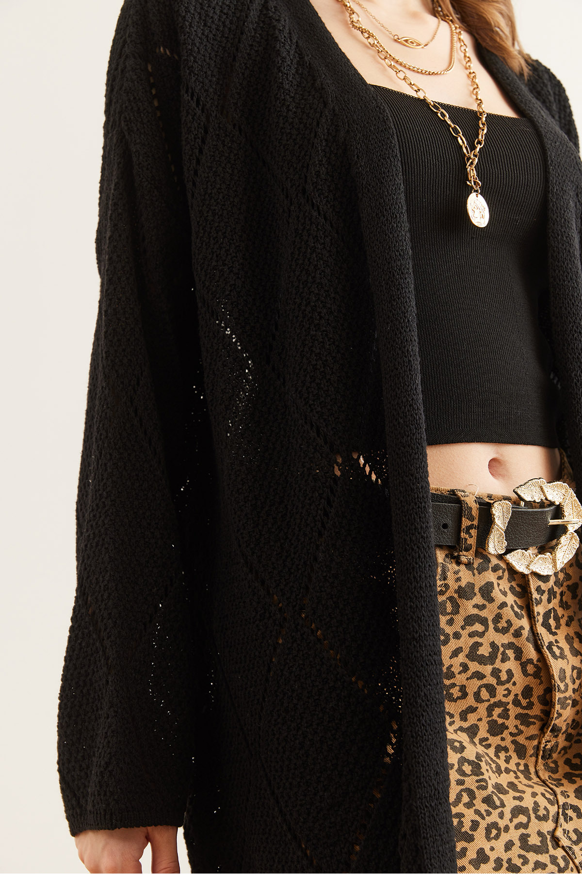 Olalook  Kadın Siyah Ajurlu Uzun Triko Hırka HRK-19000342 - Görsel 5