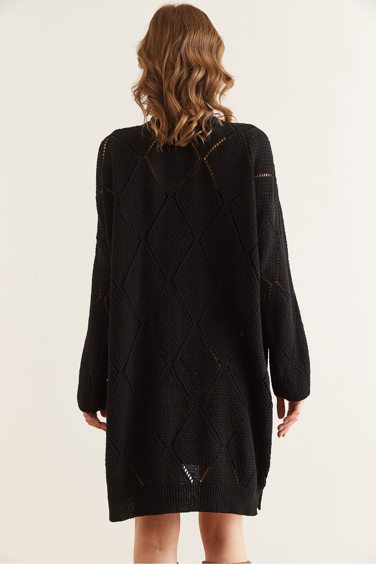 Olalook  Kadın Siyah Ajurlu Uzun Triko Hırka HRK-19000342 - Görsel 6