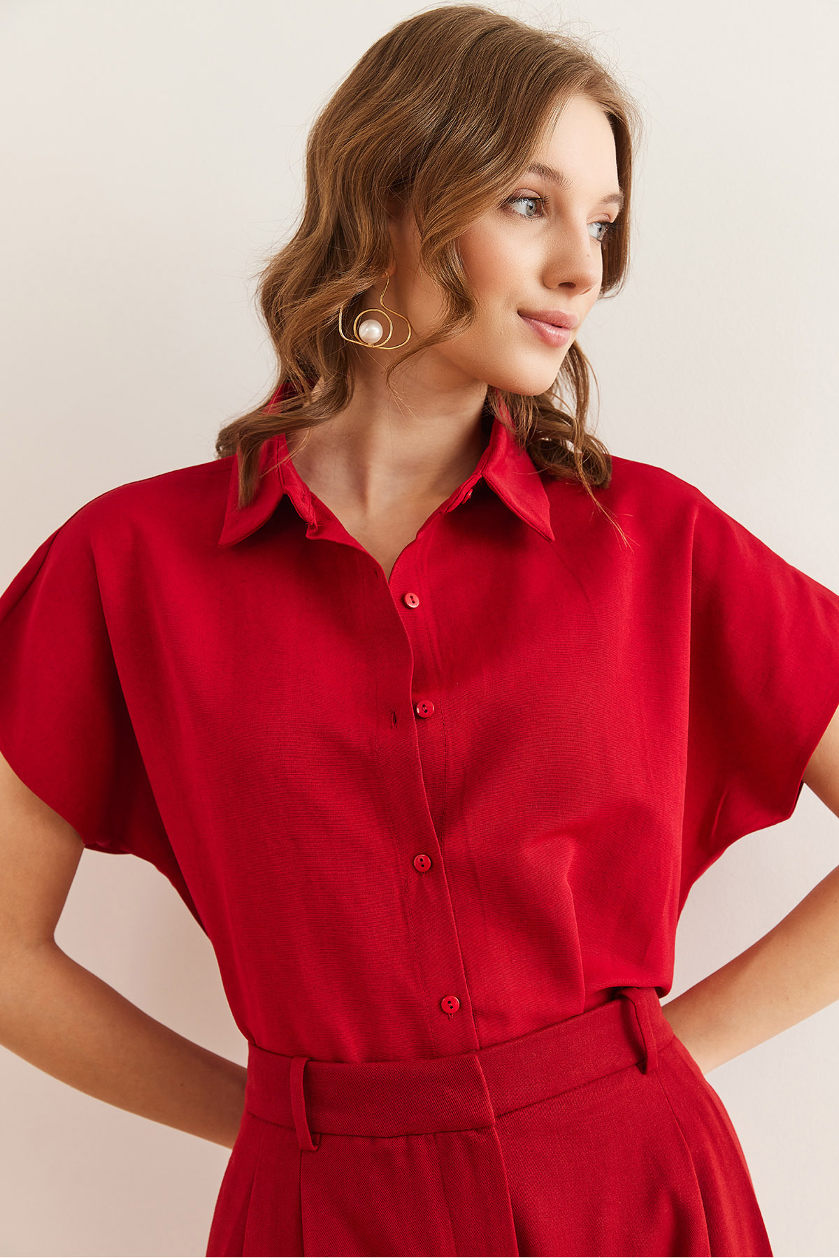 Olalook  Kadın Bordo Yarasa Oversize Keten Gömlek GML-19001109 - Görsel 5