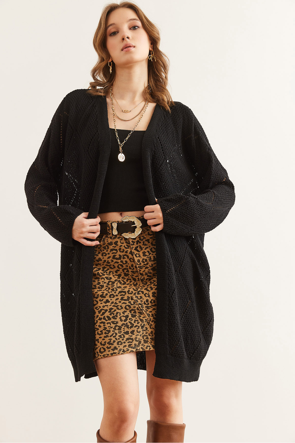 Olalook  Kadın Siyah Ajurlu Uzun Triko Hırka HRK-19000342 - Görsel 3