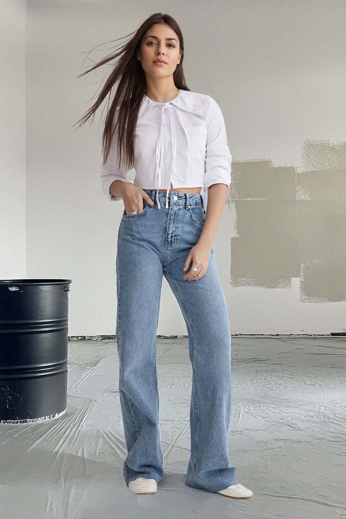 Trendyol Collection Niebieskie Jeansy Z Wysokim Stanem I Szerokimi Nogawkami Twoss25je00065 Kobieta - 32