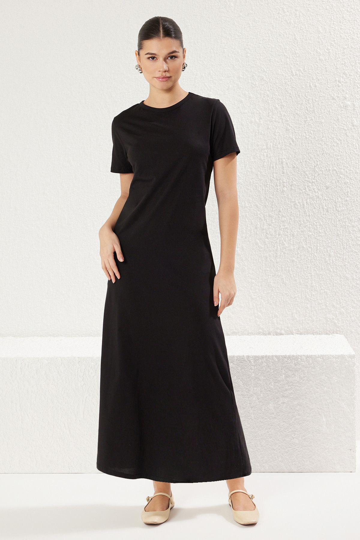 Trendyol Modest-Μαύρο-δερμάτινο κοντομάνικο πλεκτό φόρεμα εσωτερικά TCTSS25EB00075 5