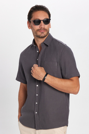 Tudors Erkek Regular Fit Klasik Kesim %100 Pamuk Keten Doku Cepli Gri Gömlek