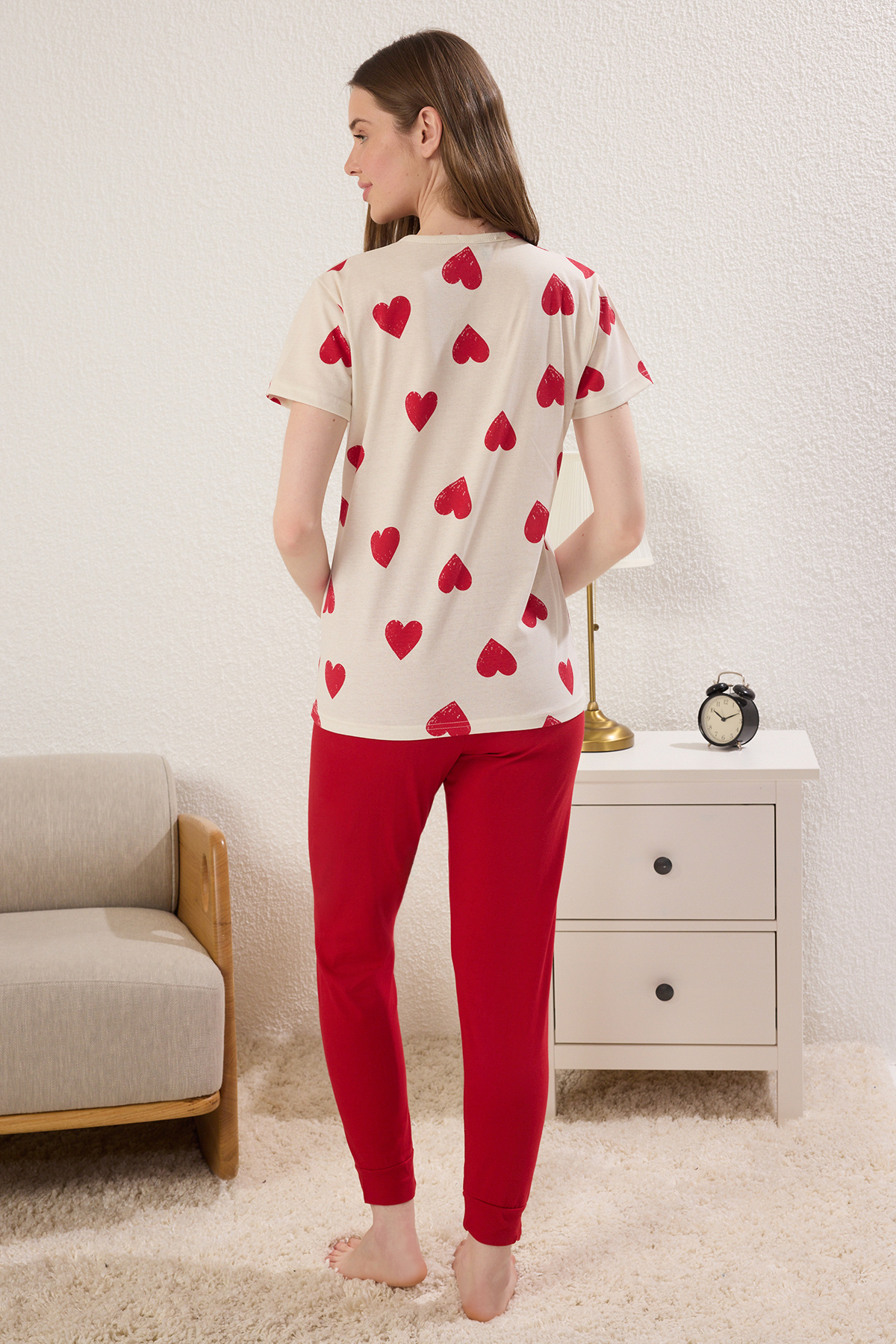Trendyol Collection-Red-Multicolor Heart Single Jersey Knitted Pajamas Set Thmss25Pt00383 4