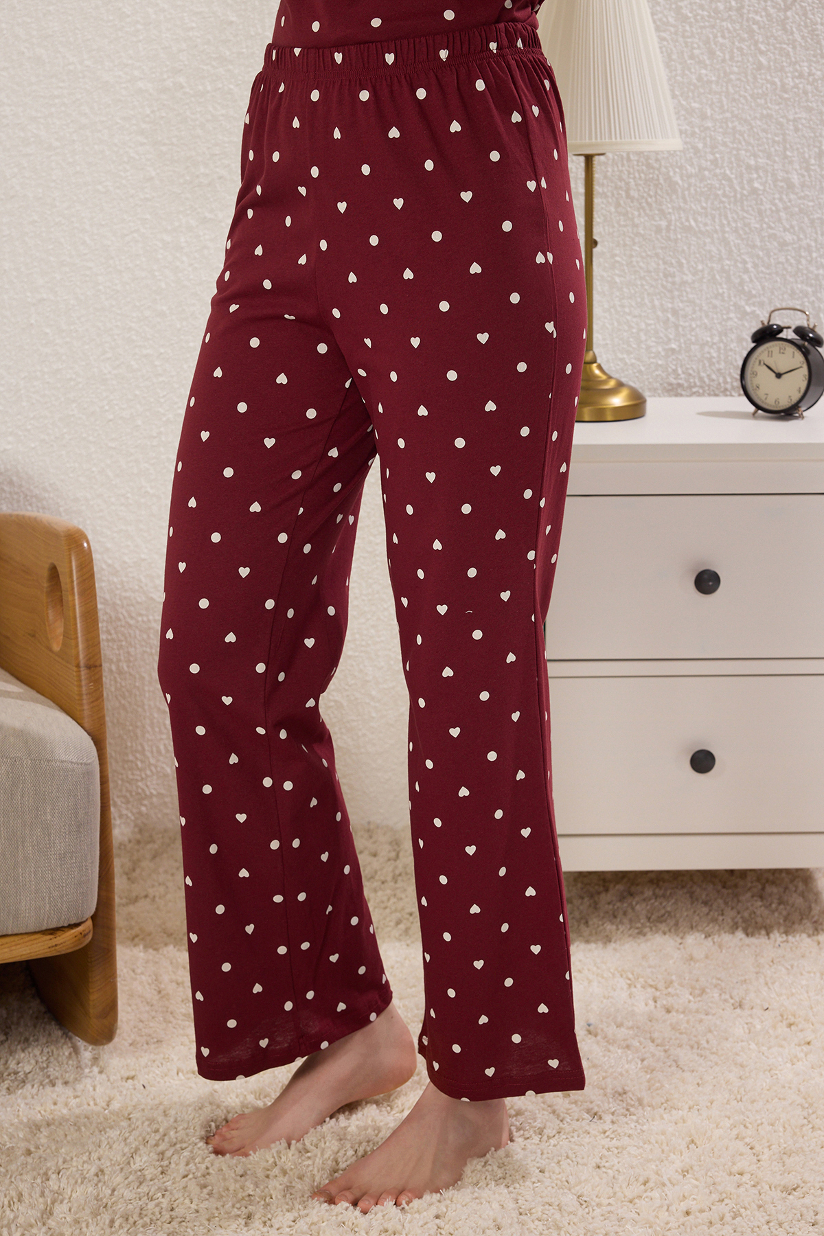Trendyolmilla  Bordo %100 Pamuklu Puantiye ve Kalpli Örme Pijama Takımı THMAW25PT00039 - Görsel 3