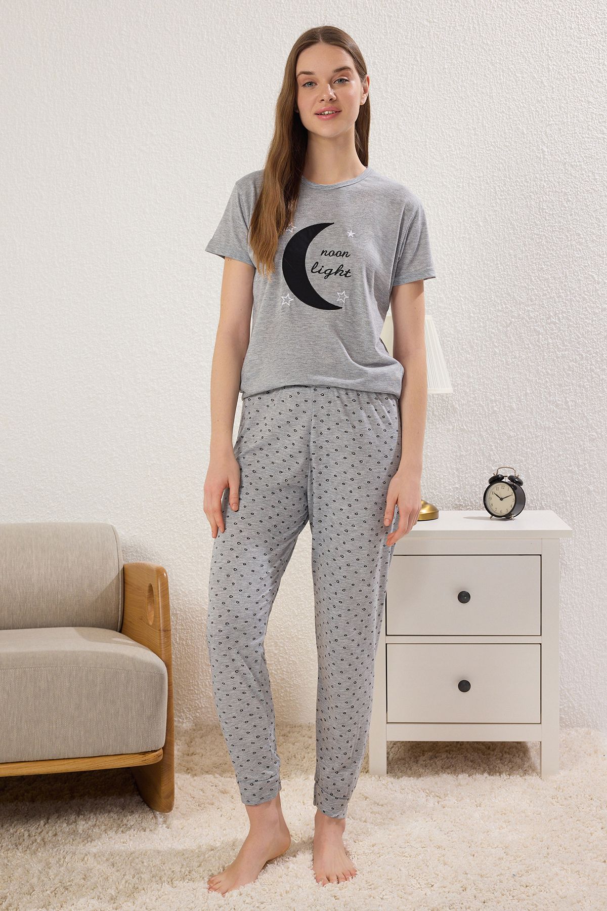 Trendyol Collection-Σετ Πιτζάμες Πλεκτές Πιτζάμες Γκρι Melange Galaxy Single Jersey THMSS25PT00385 1