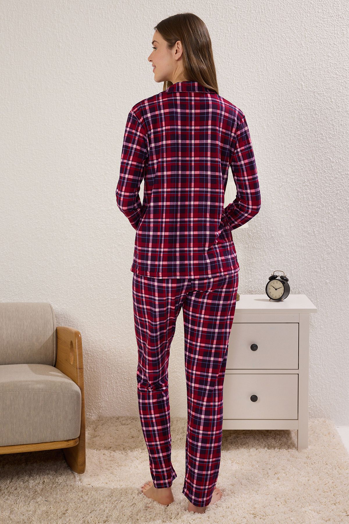Trendyol Collection-Weicher und gebürsteter, weinrot karierter Pyjama - Sleep Band Thmaw24pt00100 4