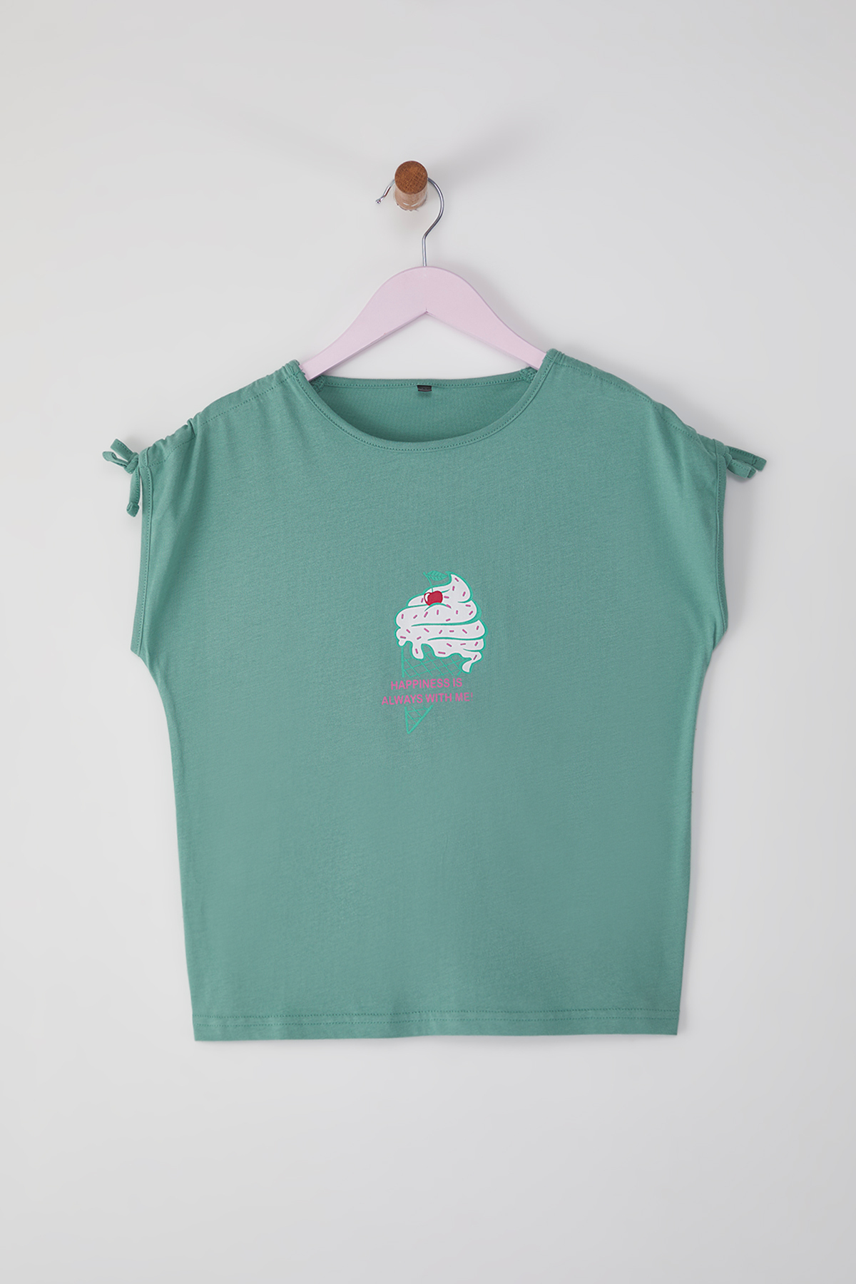 Trendyolmilla Kids Mint Kız Çocuk %100 Pamuk Baskılı Regular/Normal Kalıp Ay Kol Örme T-Shirt TKDSS25TS00059