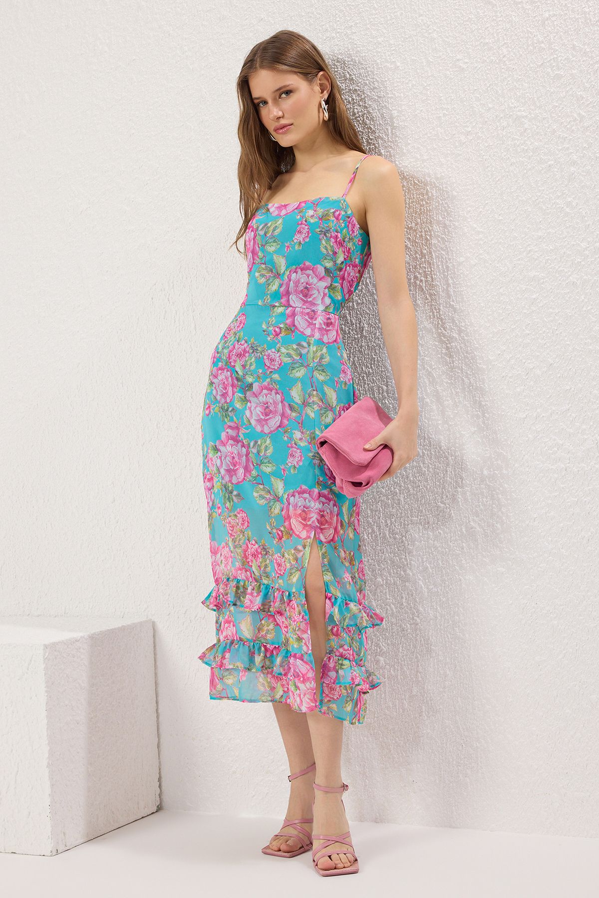 Trendyol Collection-Pink Floral A-Line Midi Woven Dress Twoss23El01872 1