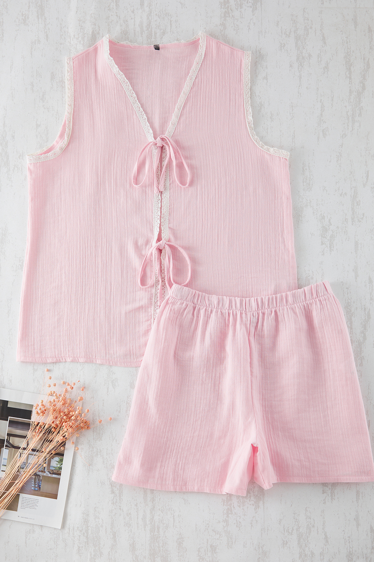 Trendyol Curve-Pink Lace Detailed Ribbon/Bow Muslin Woven Pajamas Set Tbbss25Ai00077 2