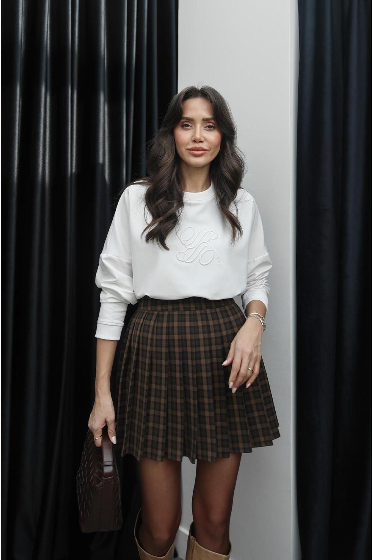 Havoş-Brown Plaid Pleated Mini Skirt 4