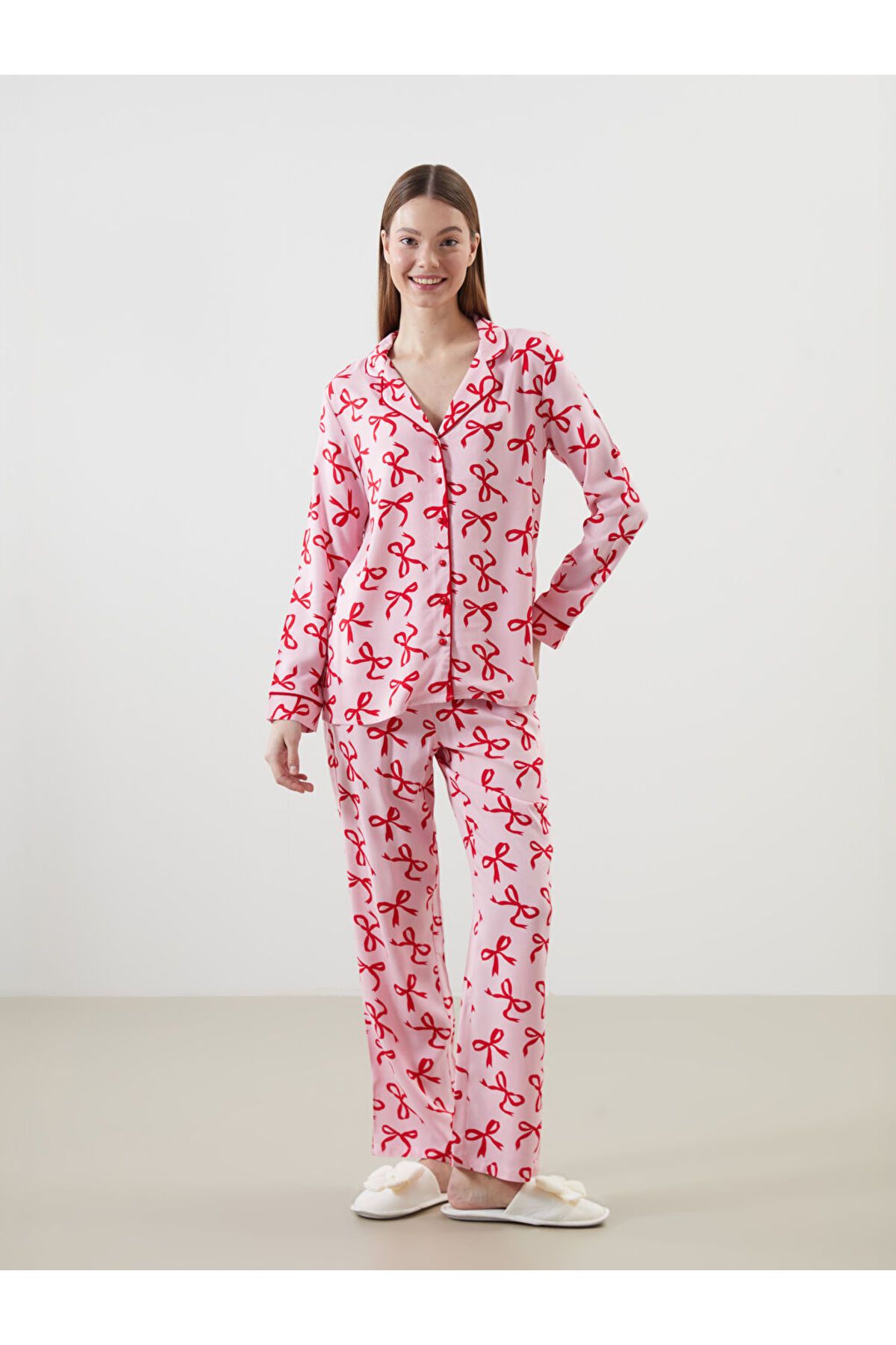 LC Waikiki-Lcw Dream Pink Shirt Collar Print Women's Pajamas Set 1