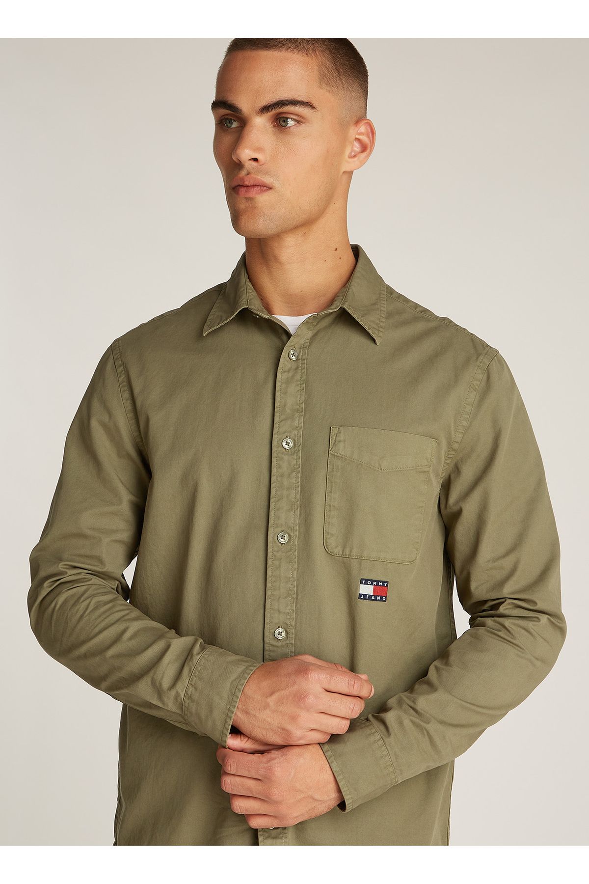 Tommy Jeans-Green Plain Men's Shirt - Regular Fit Dm0Dm21107M12 Tjm Reg Washed Twill 3