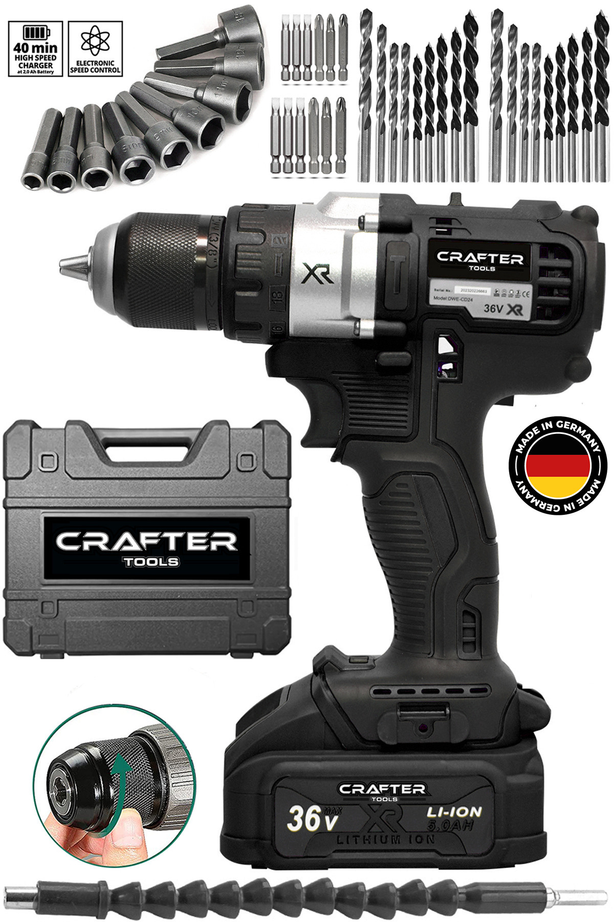 CRAFTERTOOLS 36V 5Ah XR Metal Şanzıman Çelik Mandren Çift Akülü Şarjlı Matkap Akülü Vidalama