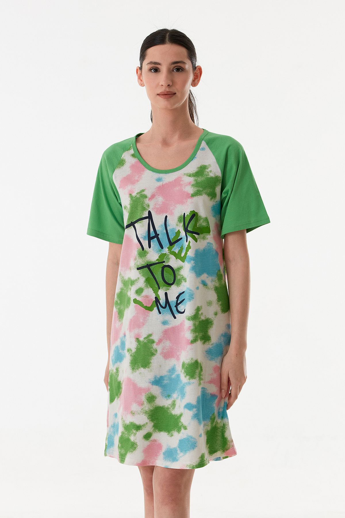 CALİA Kadın Batik Baskılı Yarım Kol Boydan Elbise Gecelik Pamuklu Kumaş